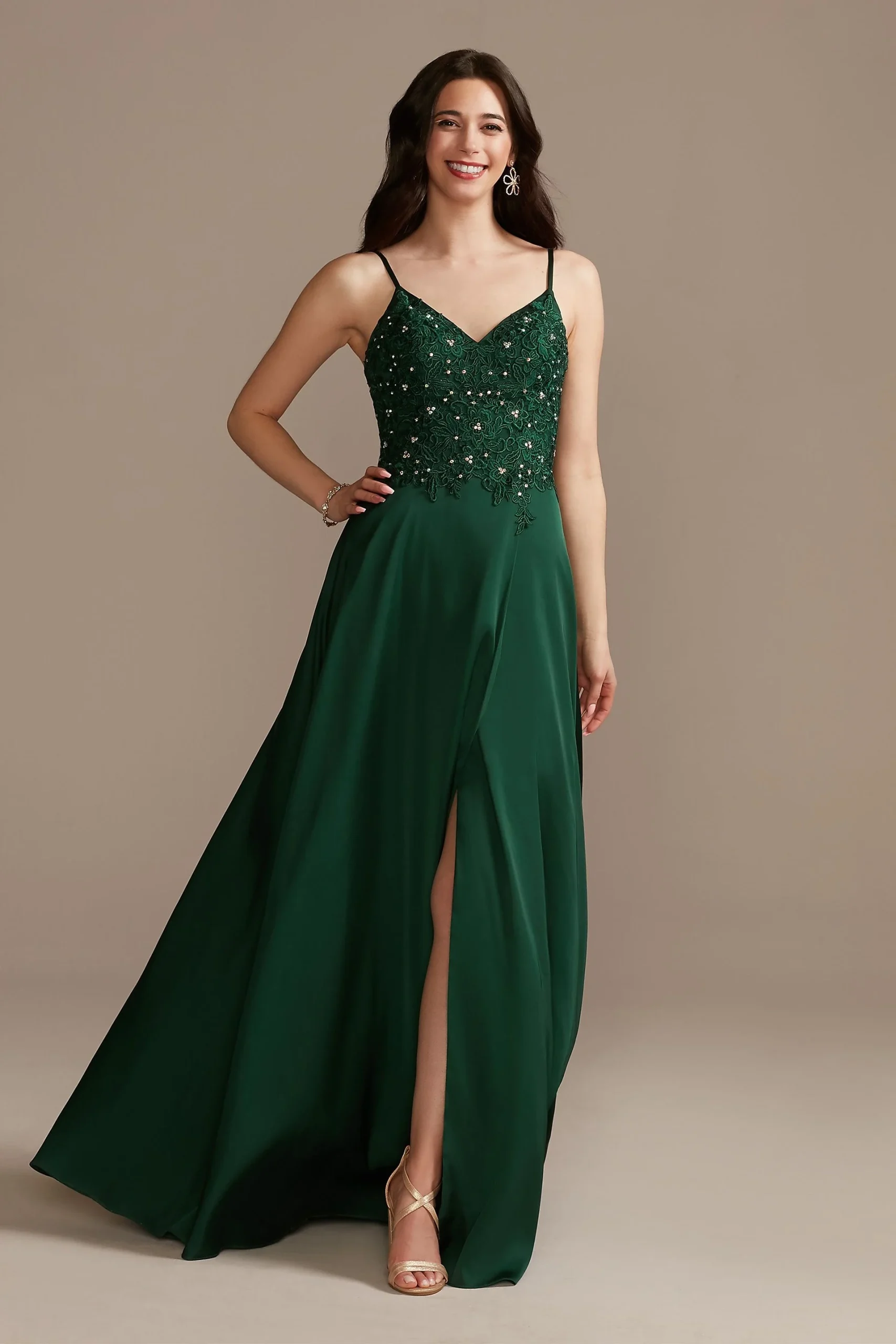 Embellished Bodice Spaghetti Strap Dress with Slit