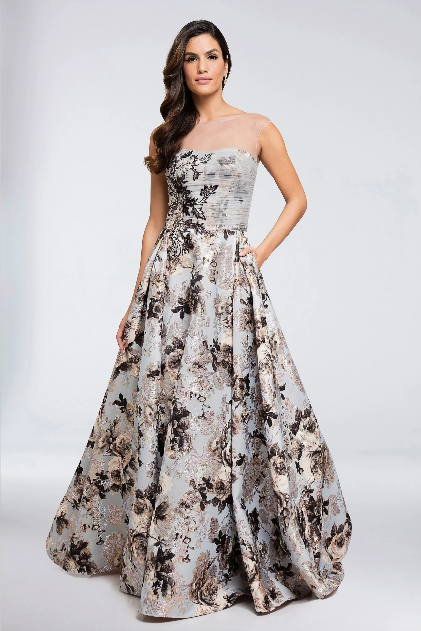 Embellished Brocade Illusion Neckline Ball Gown