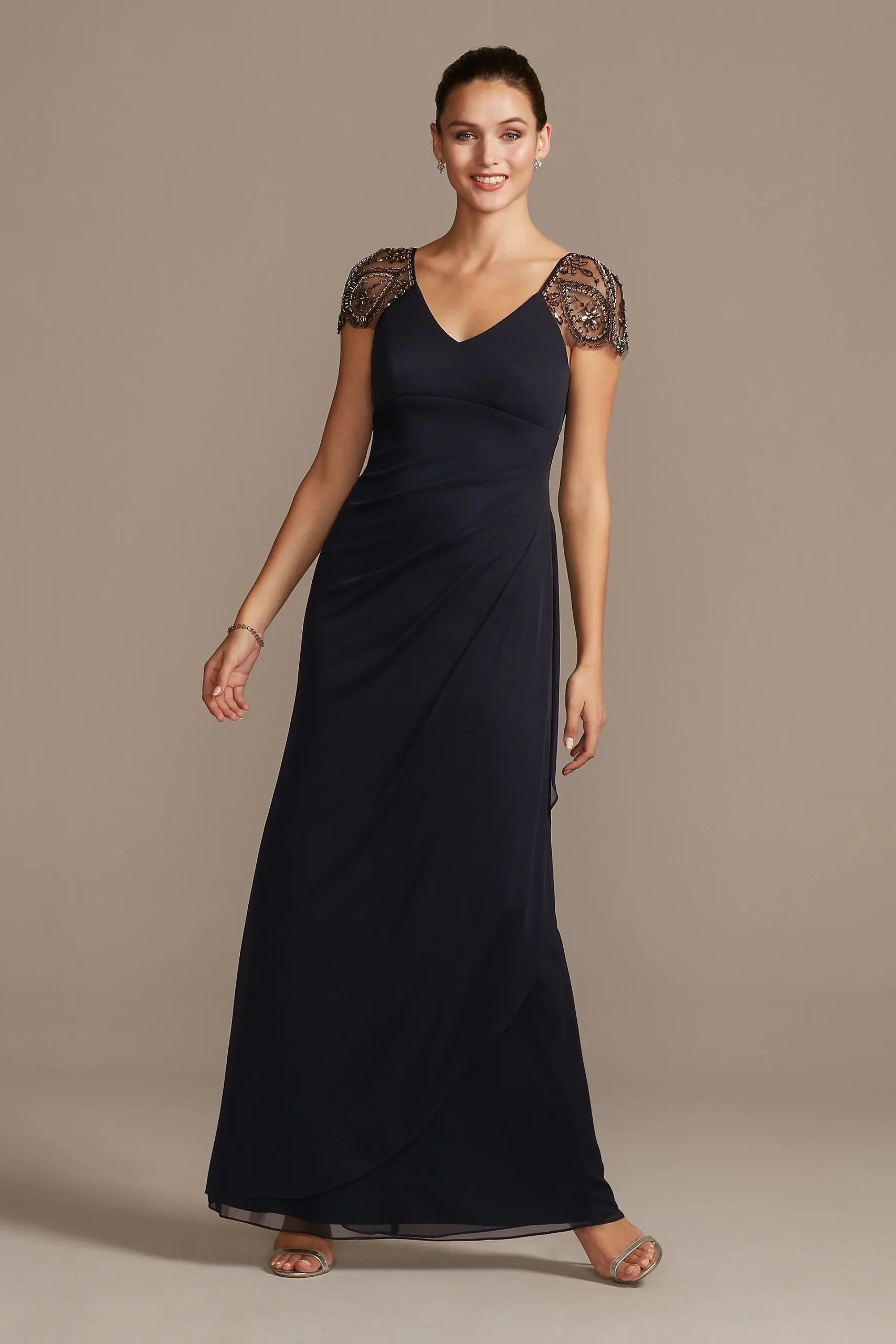 Embellished Chiffon Cap Sleeve Ruched Gown
