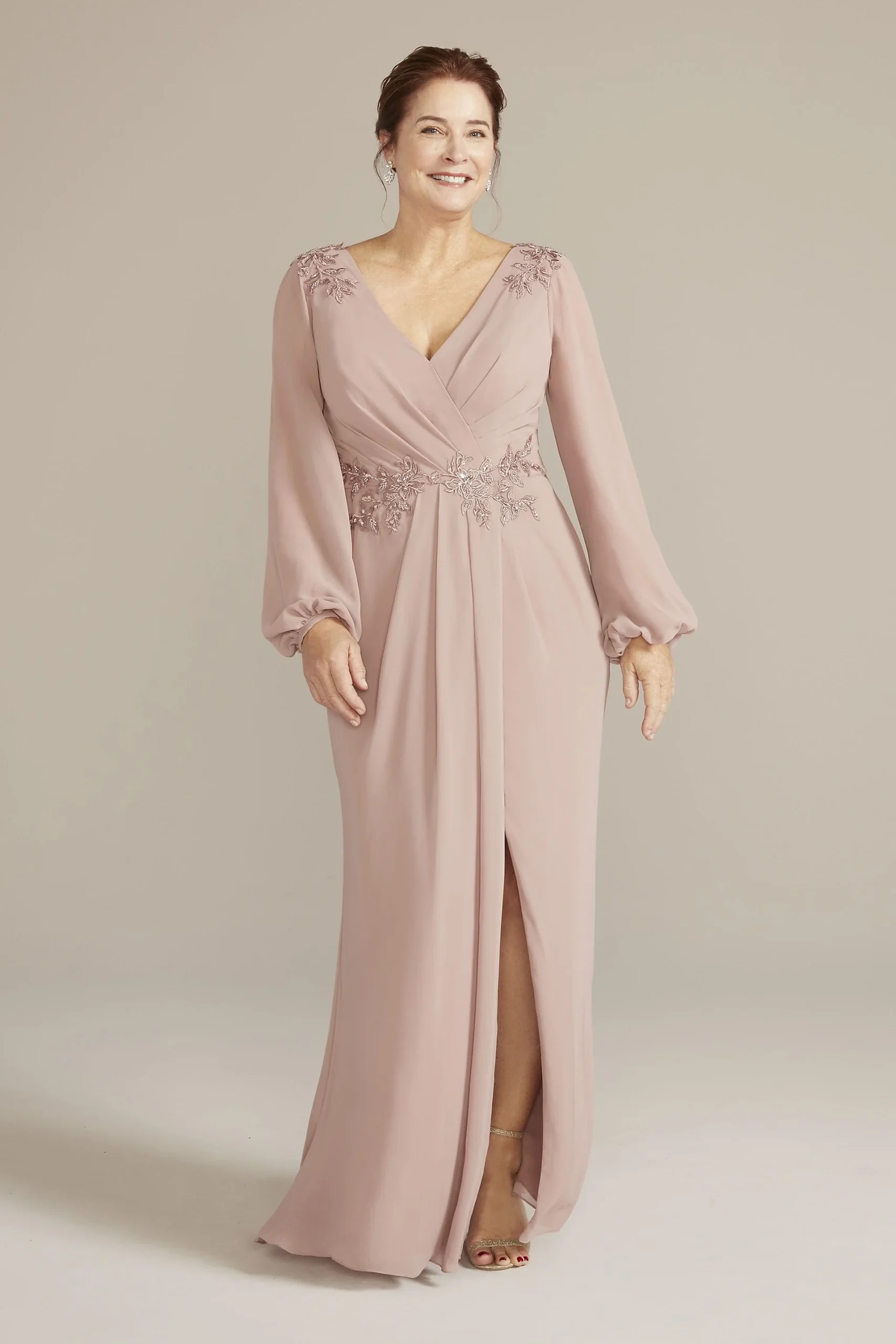 Embellished Chiffon Gown with Long Sleeves