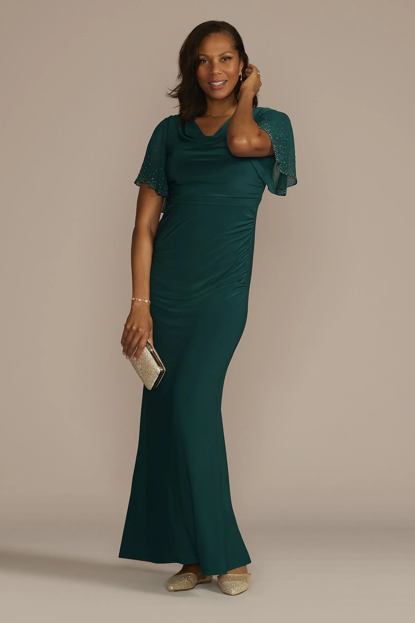 Embellished Cowl Neck Jersey Sheath