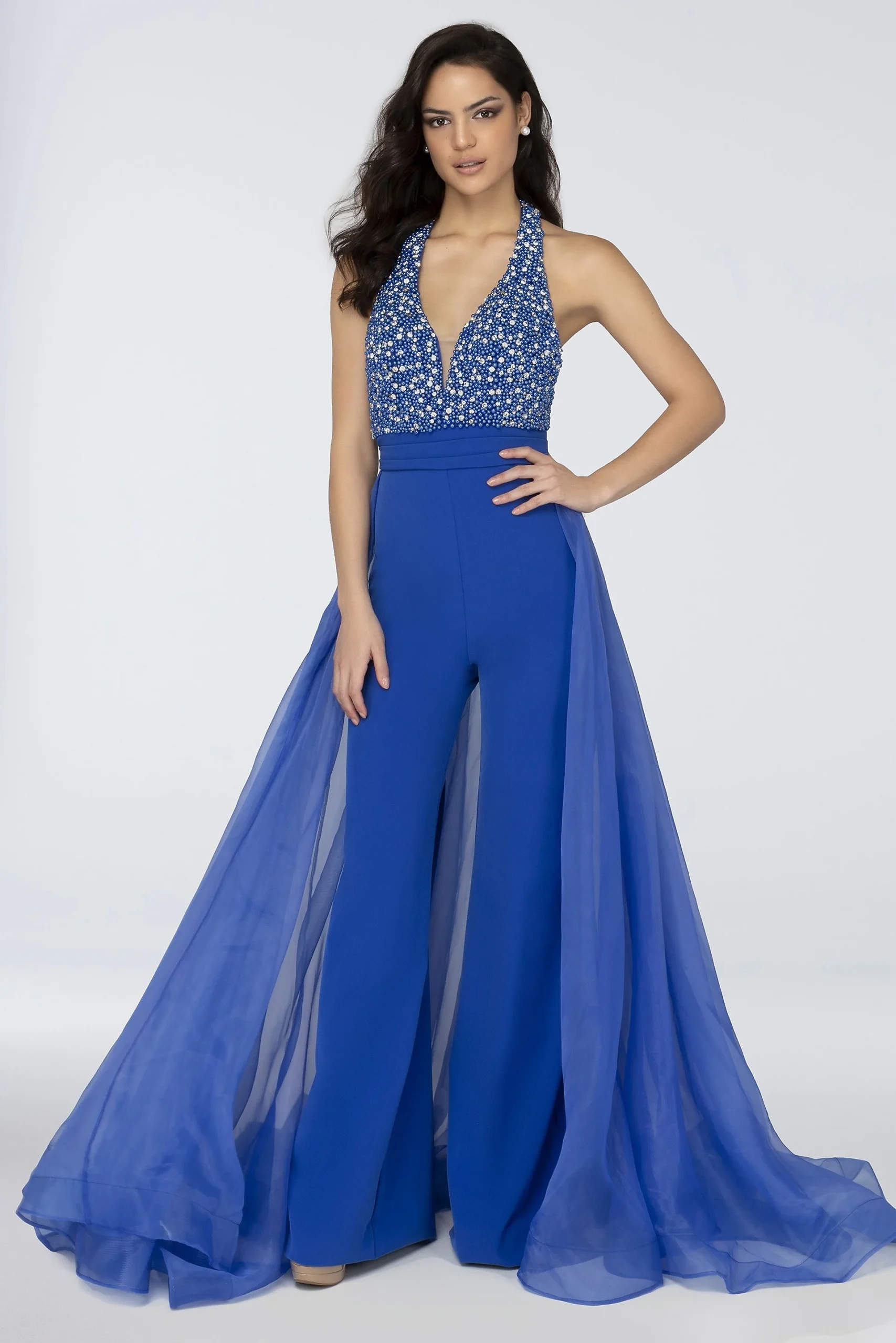 Embellished Halter Jumpsuit with Organza Overskirt