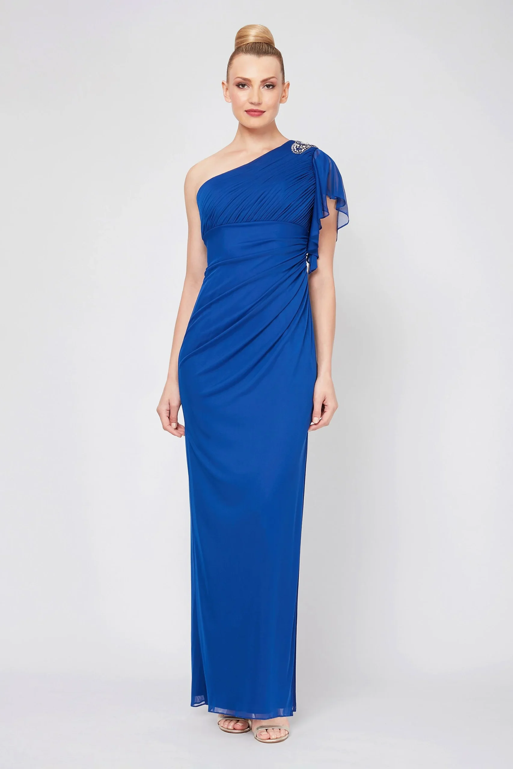 Embellished One-Shoulder Ruched Sheath Dress