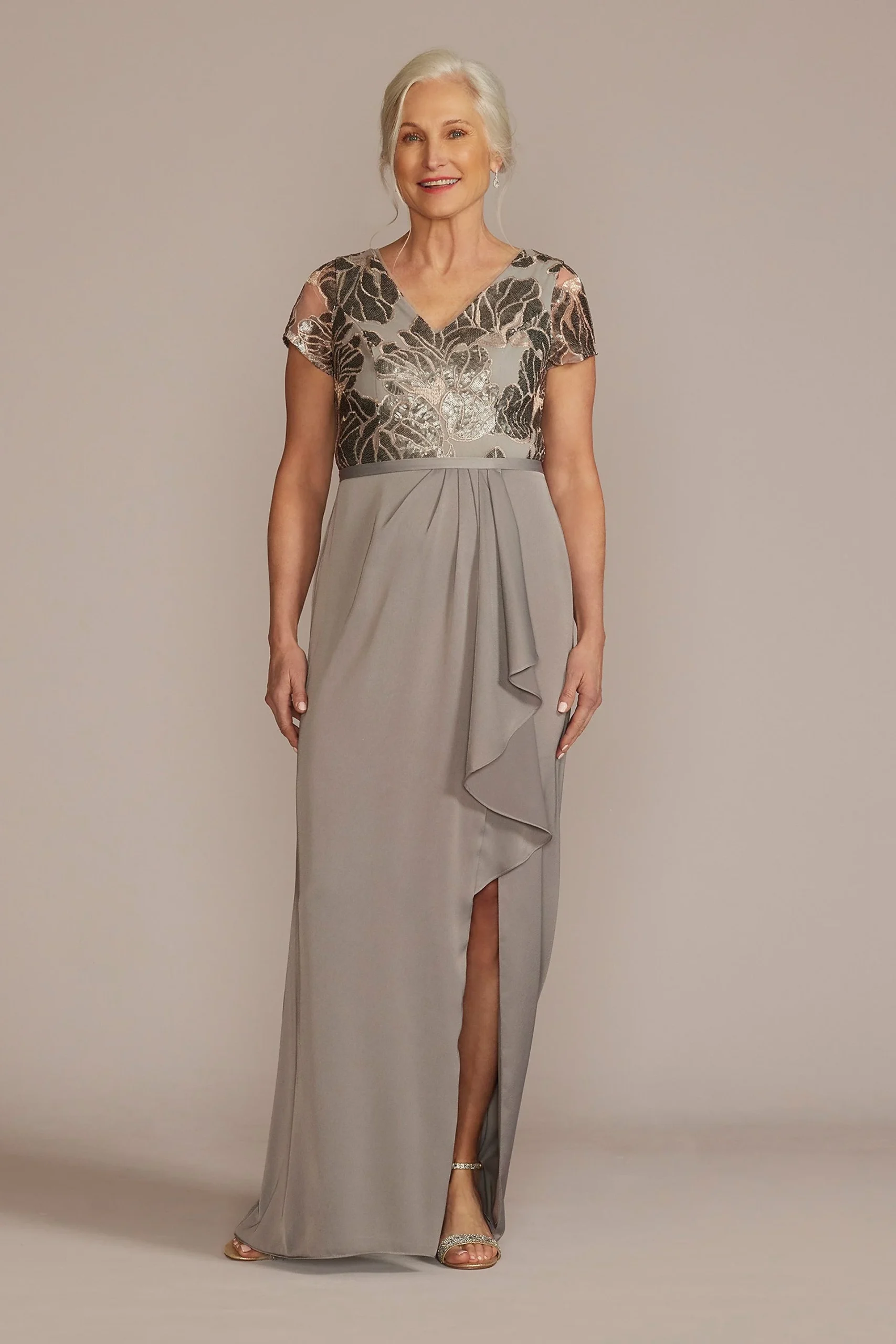 Embellished Satin Short Sleeve Gown with Ruffle