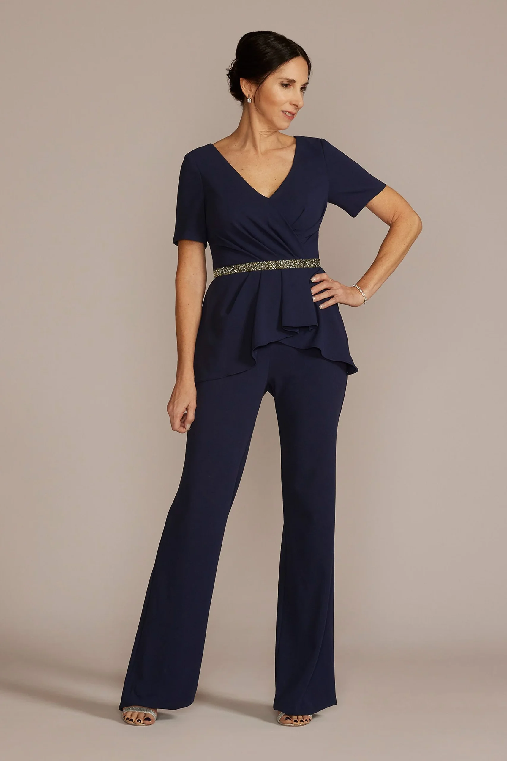 Embellished Waist Crepe Jumpsuit with Peplum
