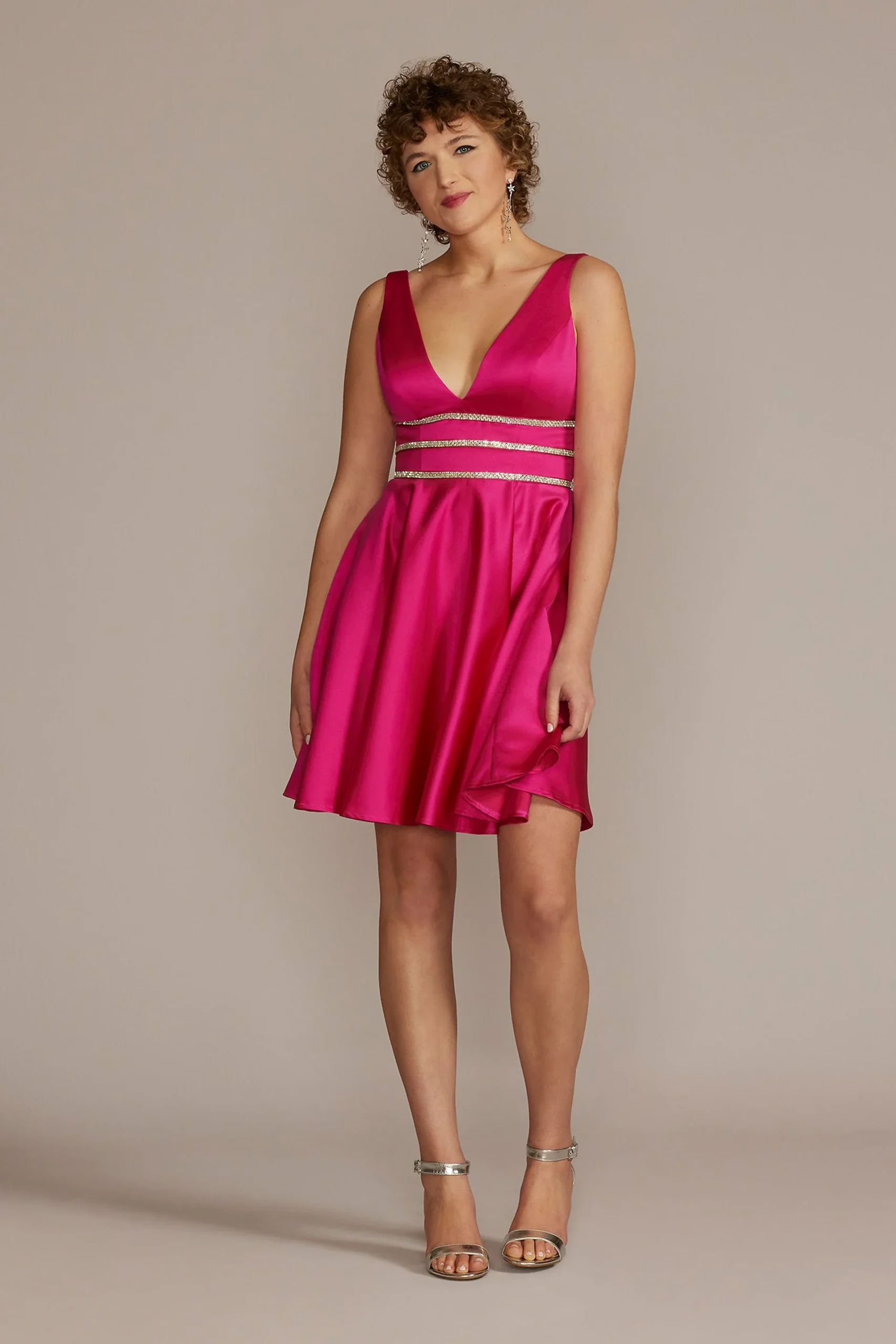 Embellished Waist Plunge Neck Mini A-Line Dress
