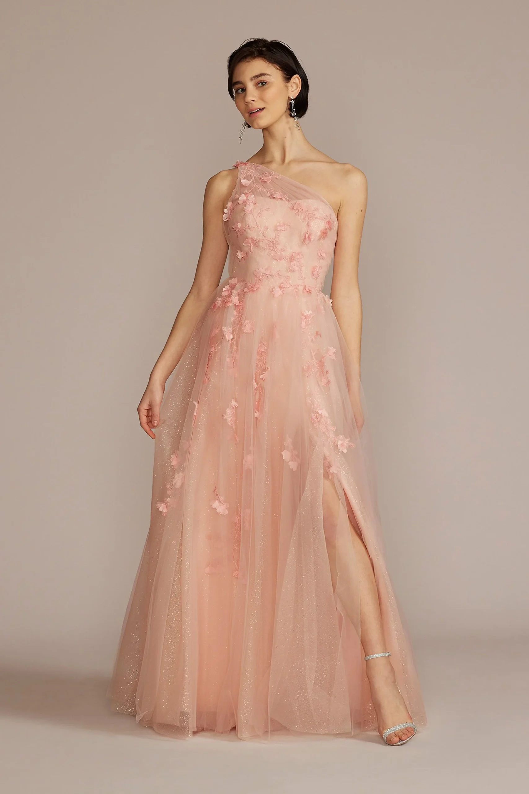 Embroidered 3D Floral One Shoulder Tulle A-Line