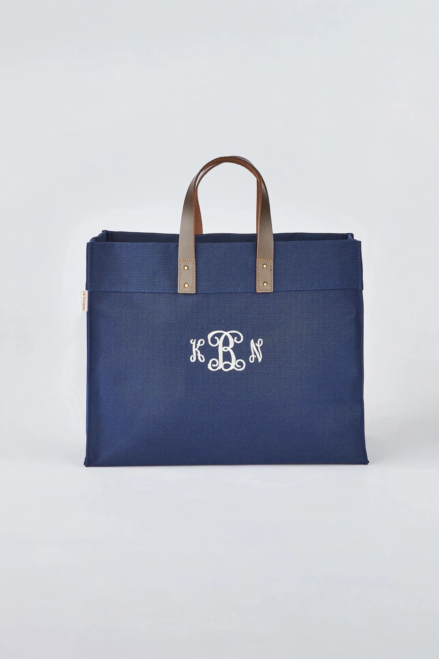 Embroidered Canvas and Leather Tote in Navy