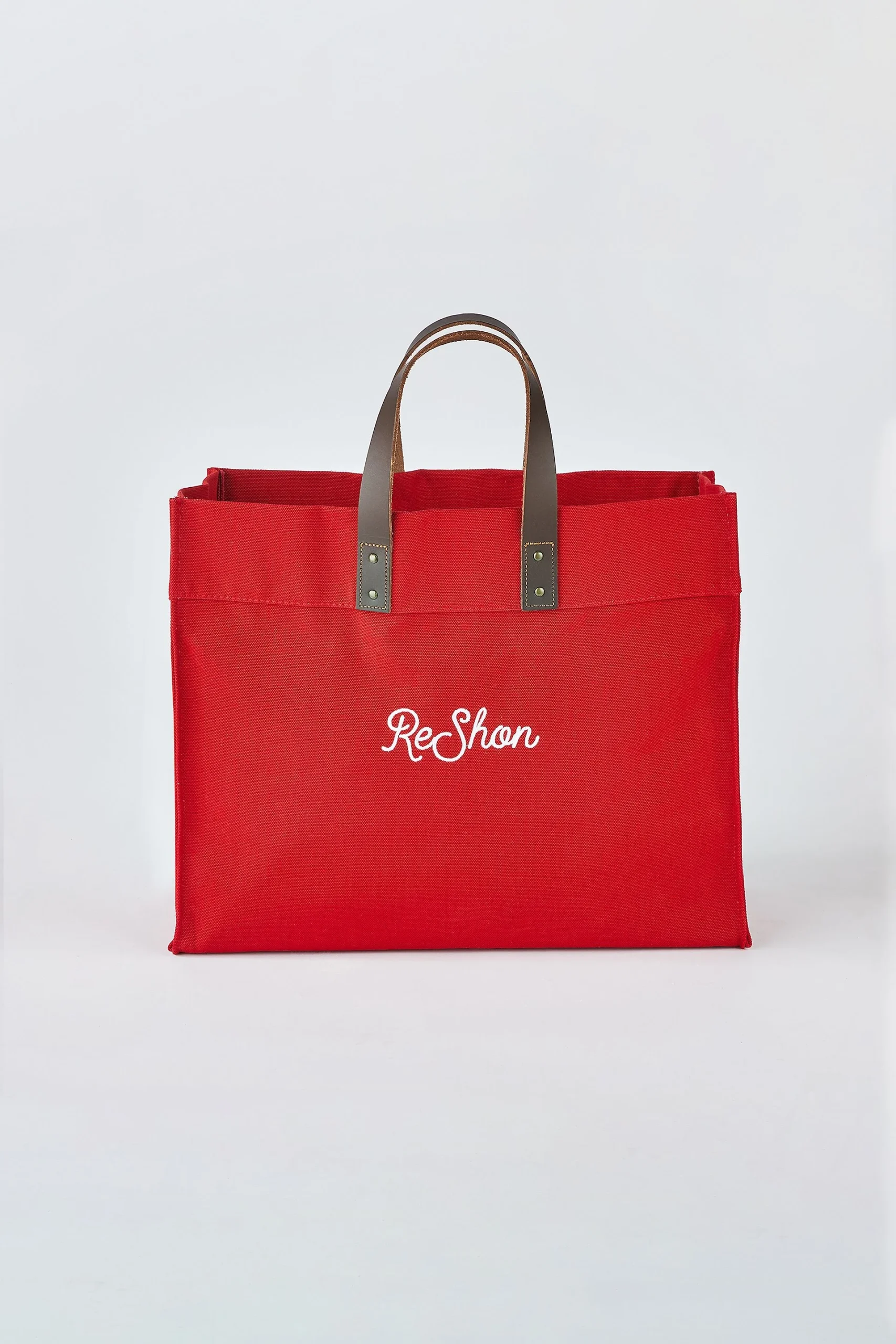 Embroidered Canvas and Leather Tote in Red