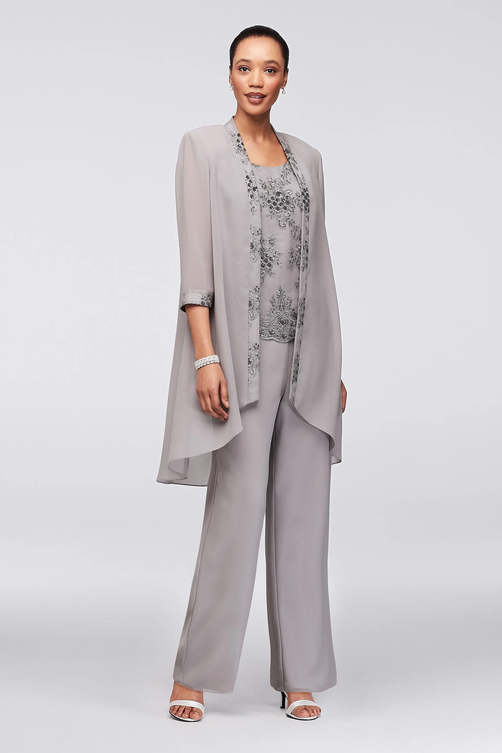 Embroidered Chiffon Pantsuit with High-Low Jacket