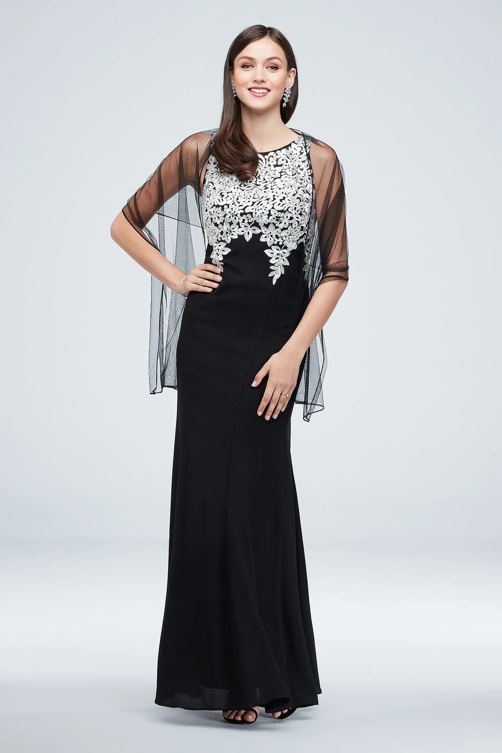 Embroidered Crystal-Accented Vines Gown with Shawl