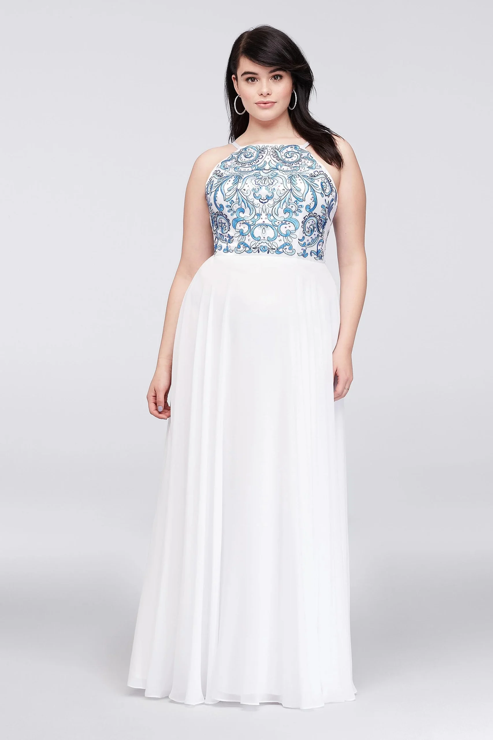 Embroidered High-Neck Chiffon Gown