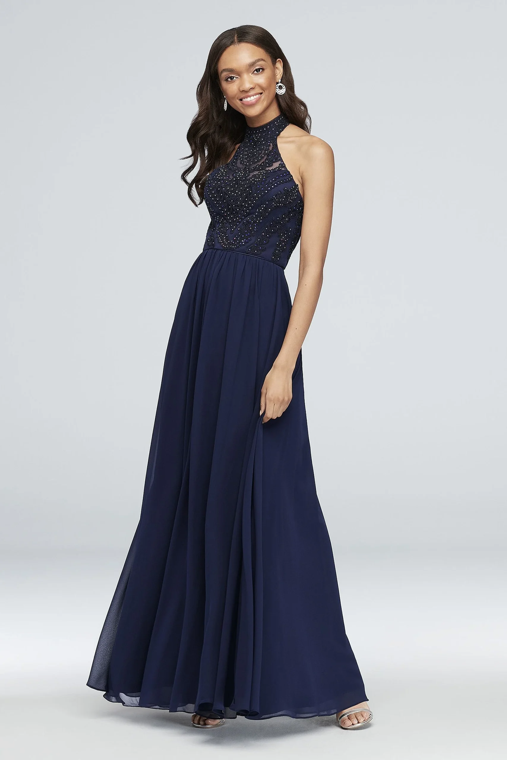 Embroidered Illusion Halter Gown with Open Back