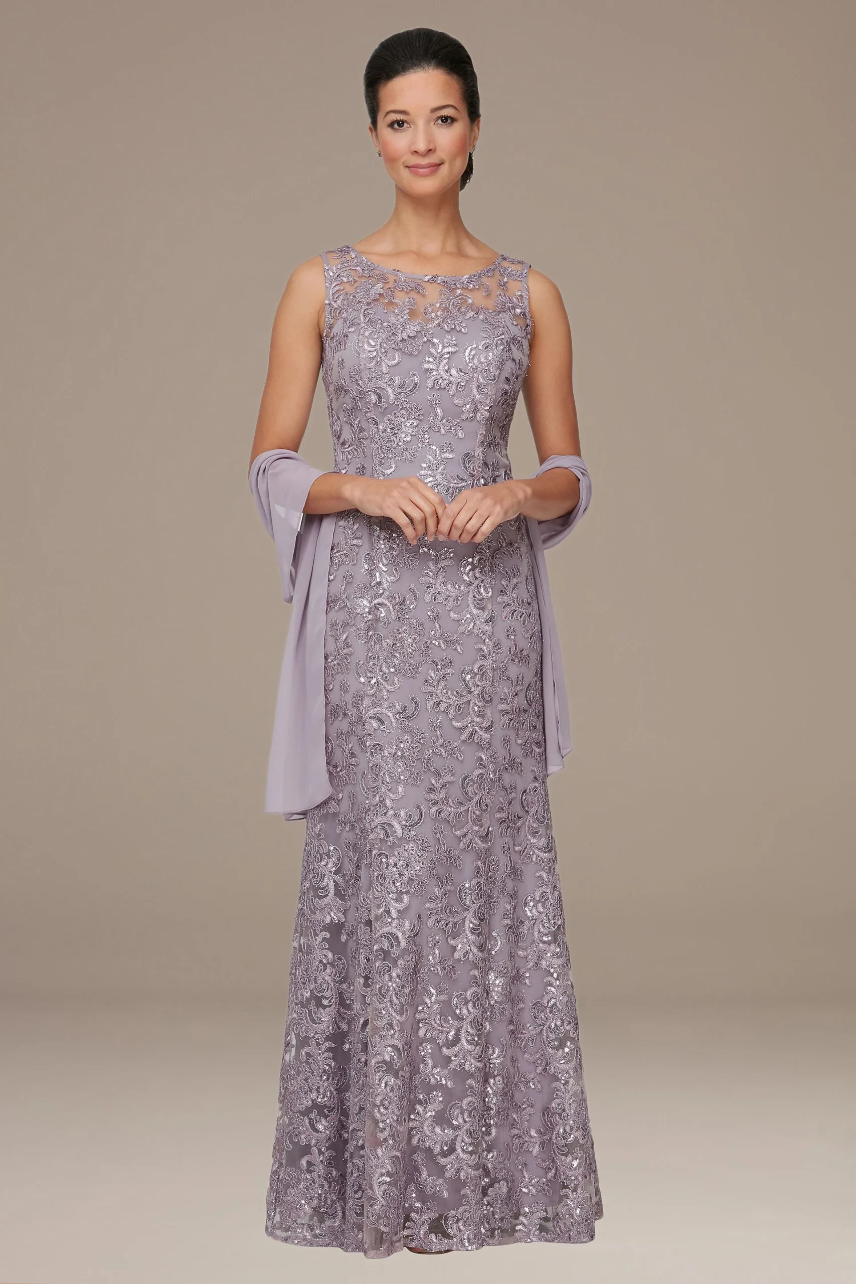 Embroidered Mesh Illusion Gown with Matching Shawl