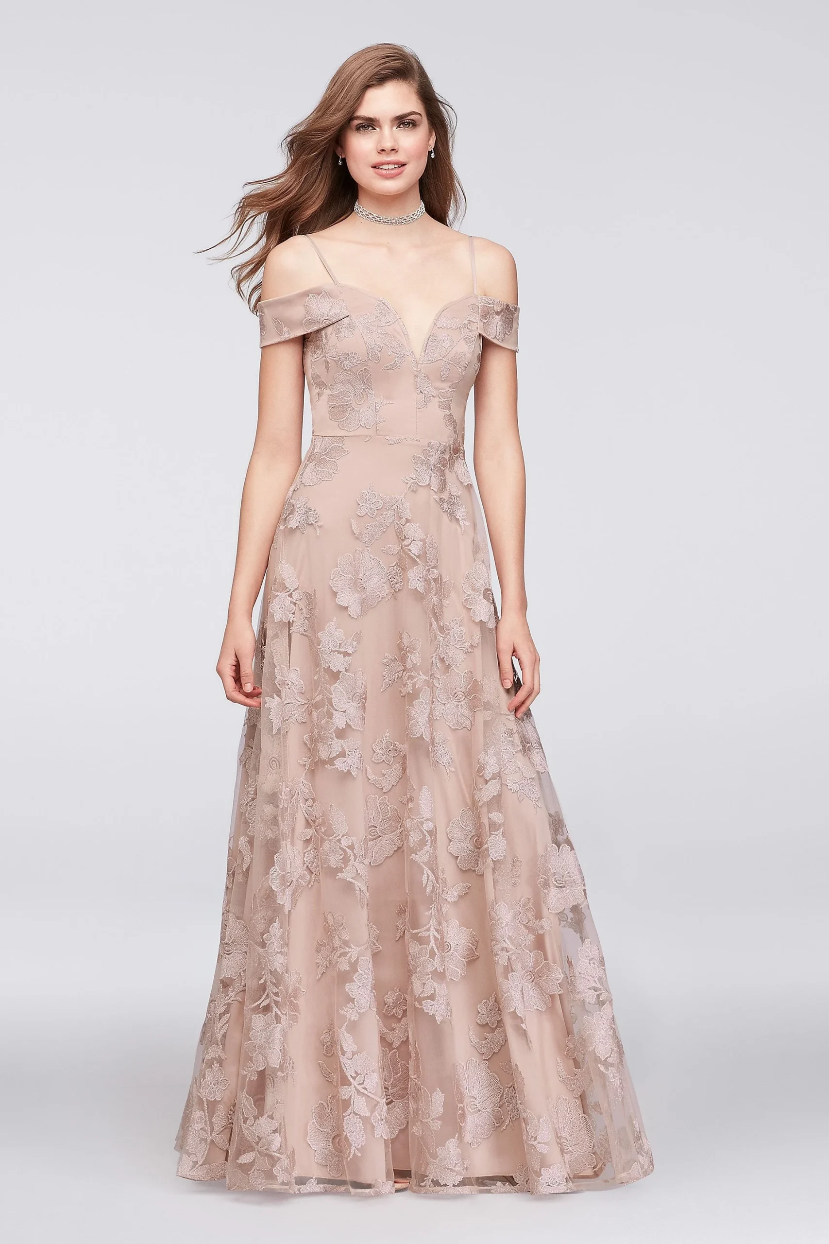 Embroidered Mesh Off-the-Shoulder A-Line Gown