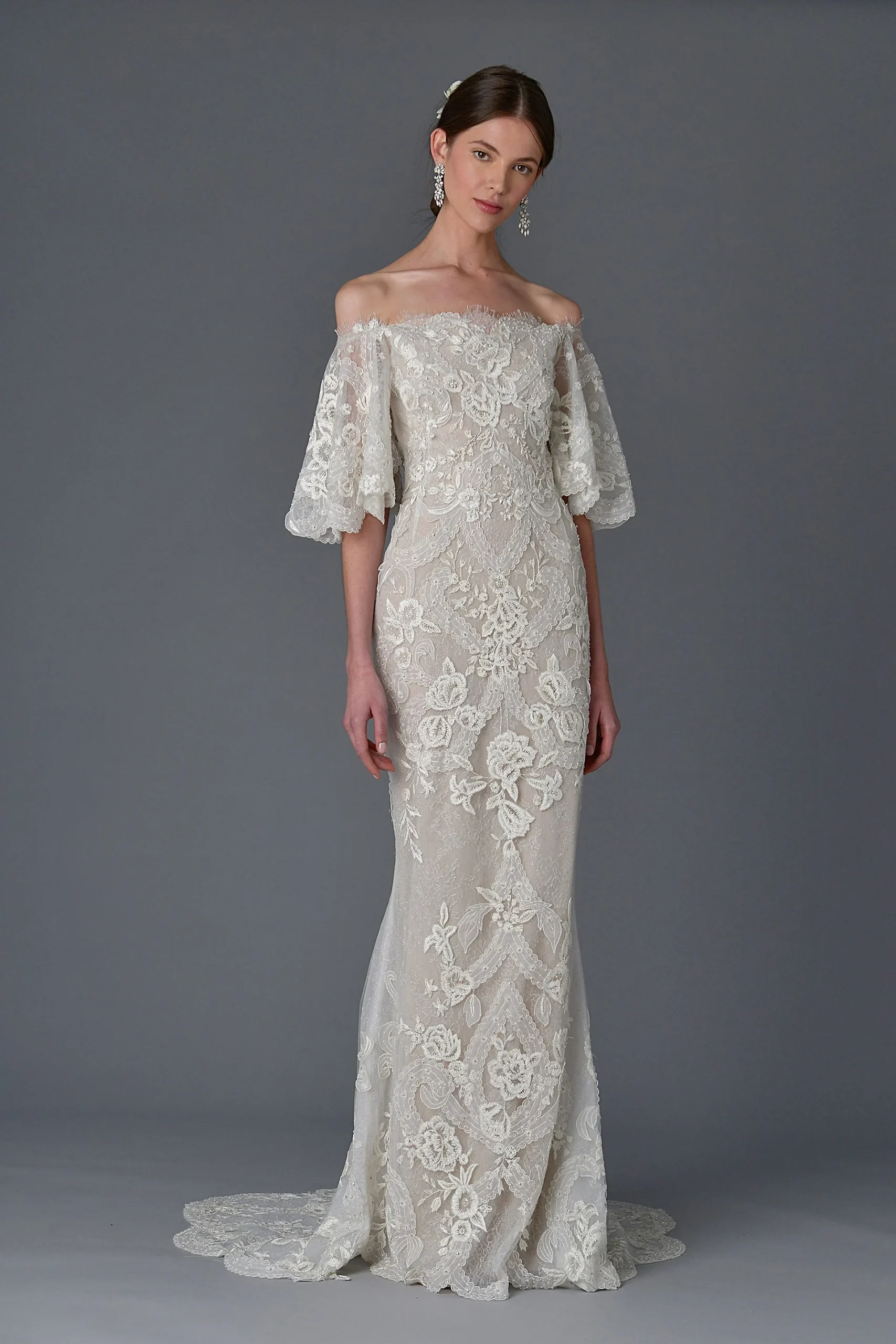 Embroidered Off-the-Shoulder Flutter Sleeve Gown