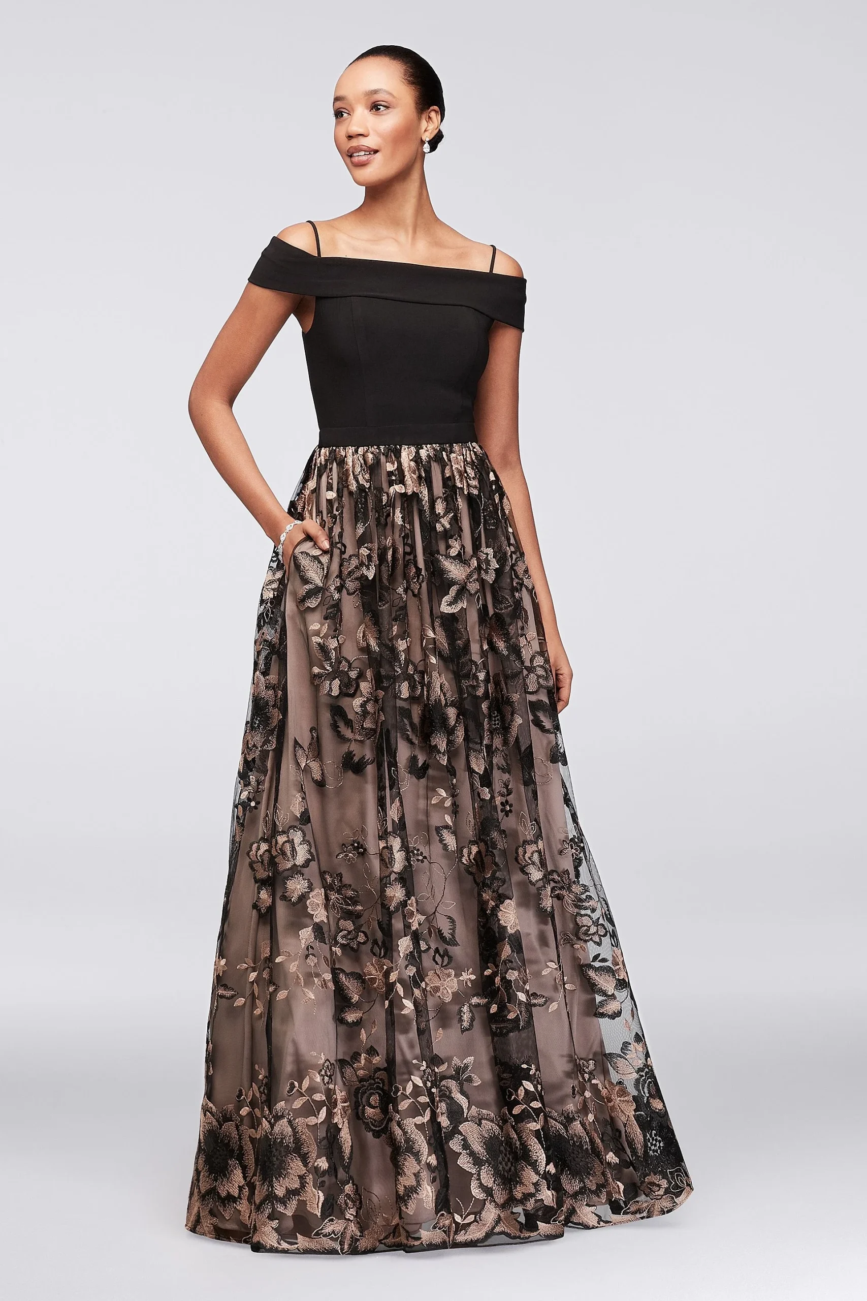 Embroidered Off-the-Shoulder Mesh and Jersey Gown