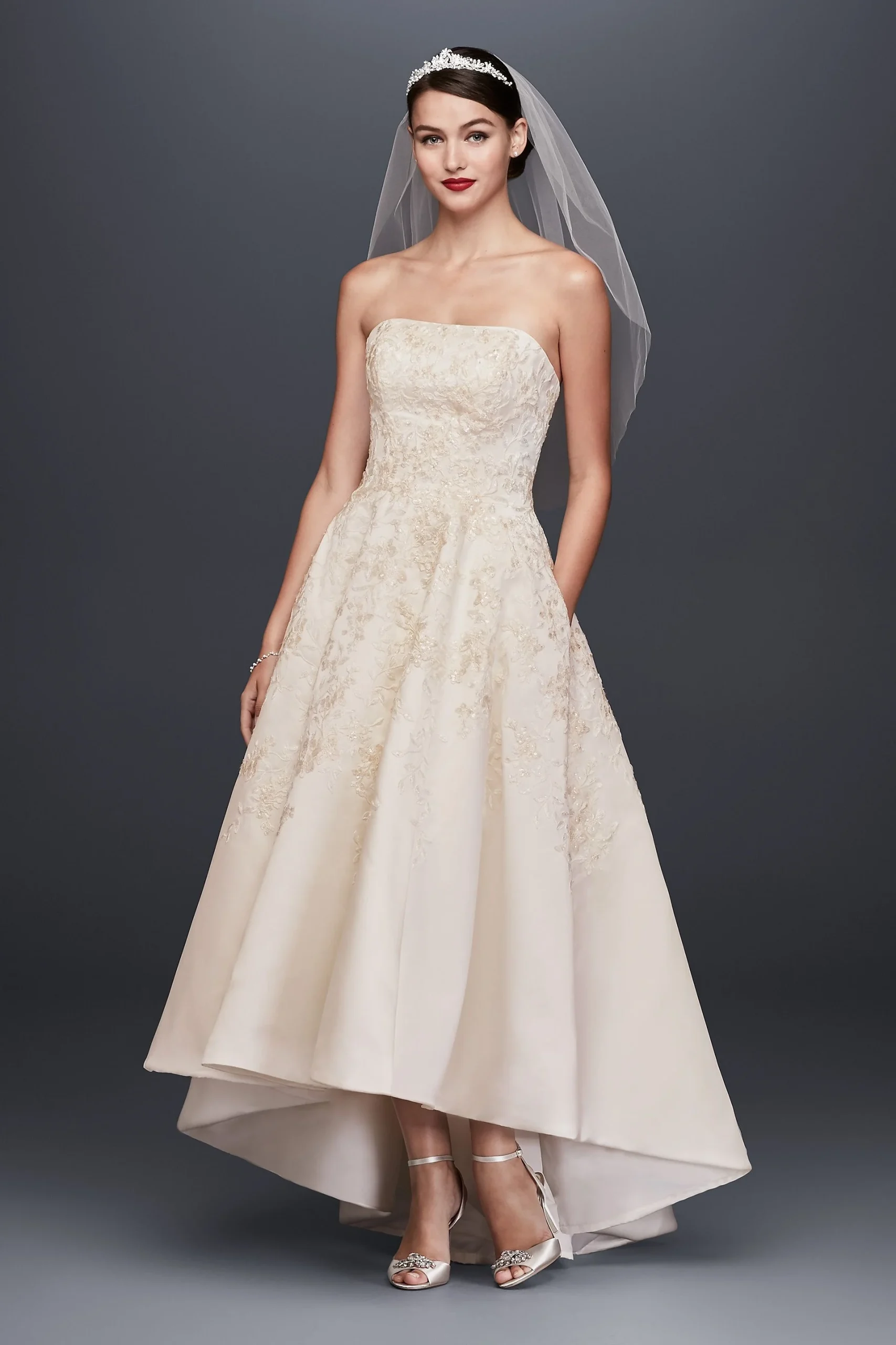 Embroidered Satin High-Low Wedding Dress
