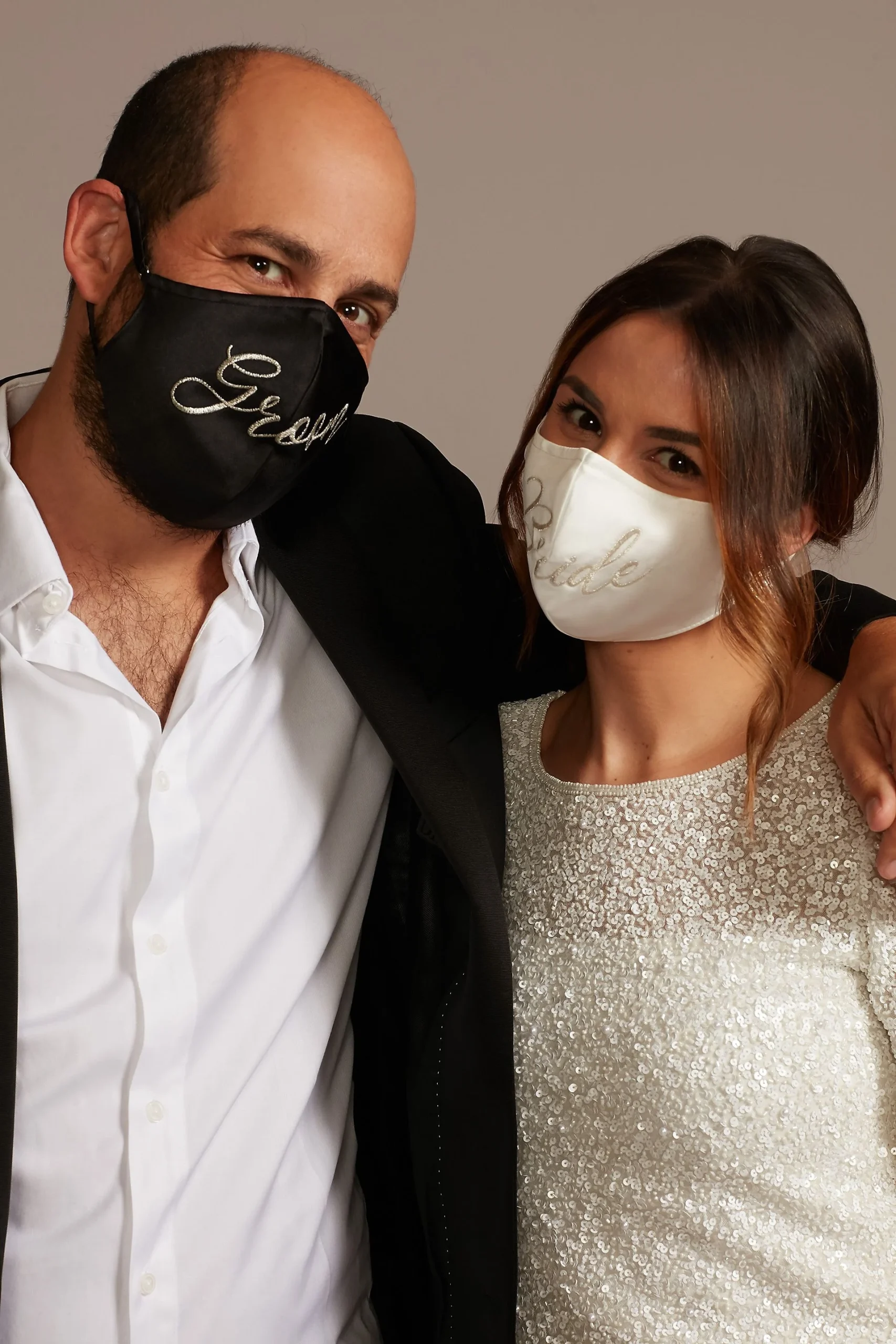 Embroidered Script Bride and Groom Face Mask Set