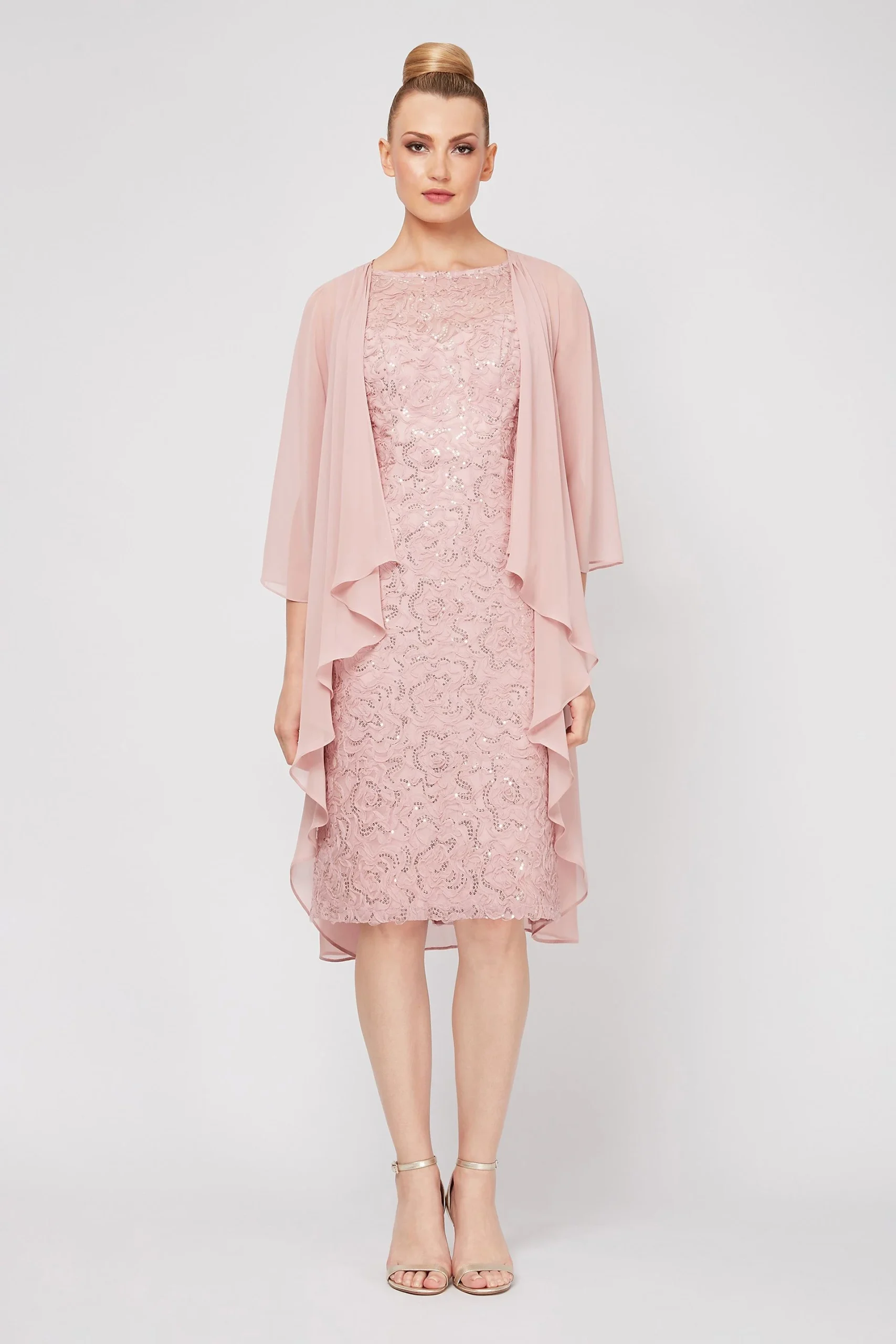 Embroidered Sequin Lace Dress with Chiffon Capelet