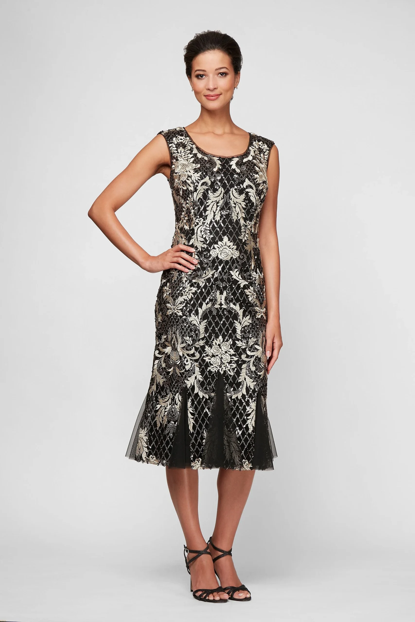 Embroidered Sequin Midi Dress with Godet Hem