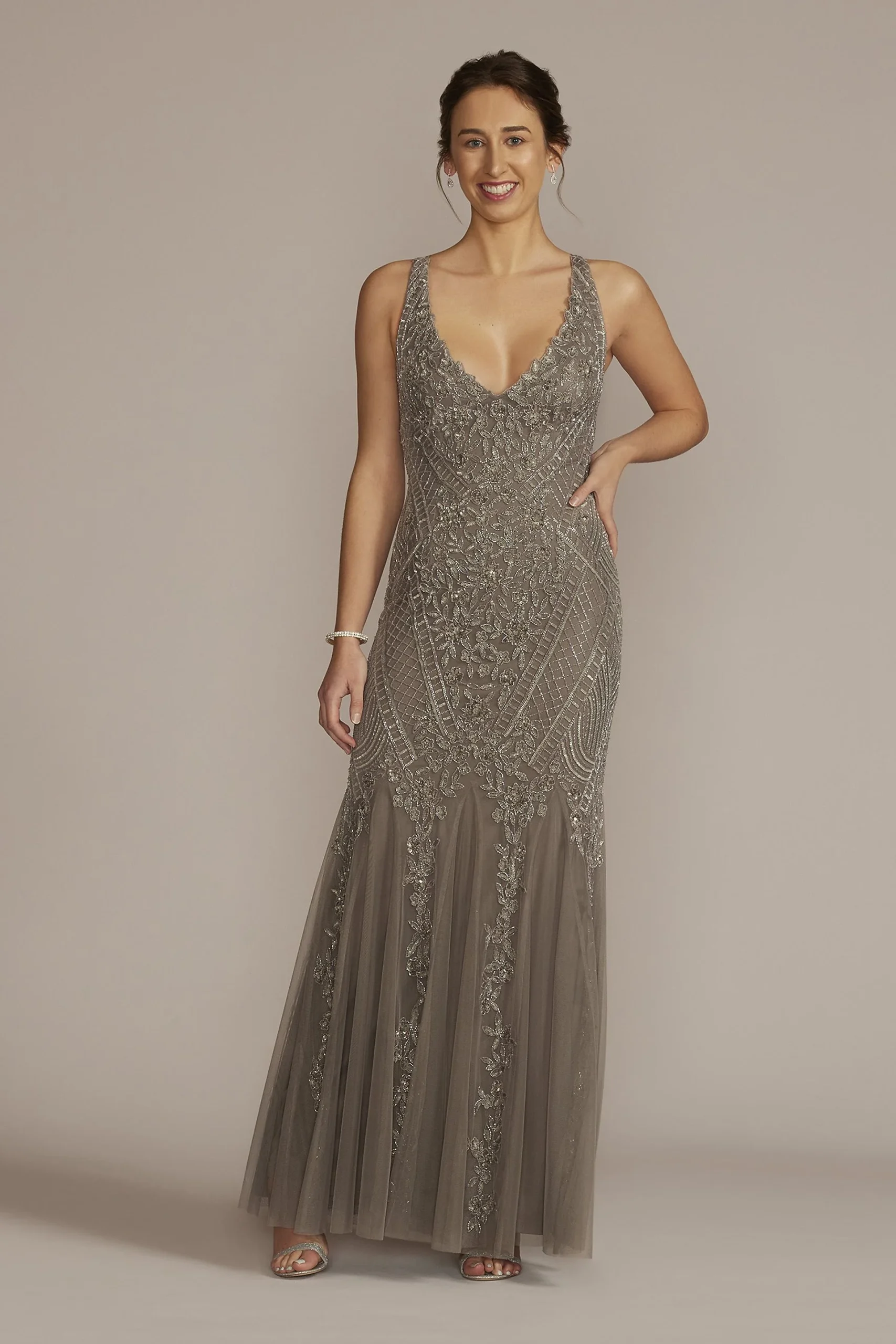Embroidered Sequin Tank Gown with Godet Skirt