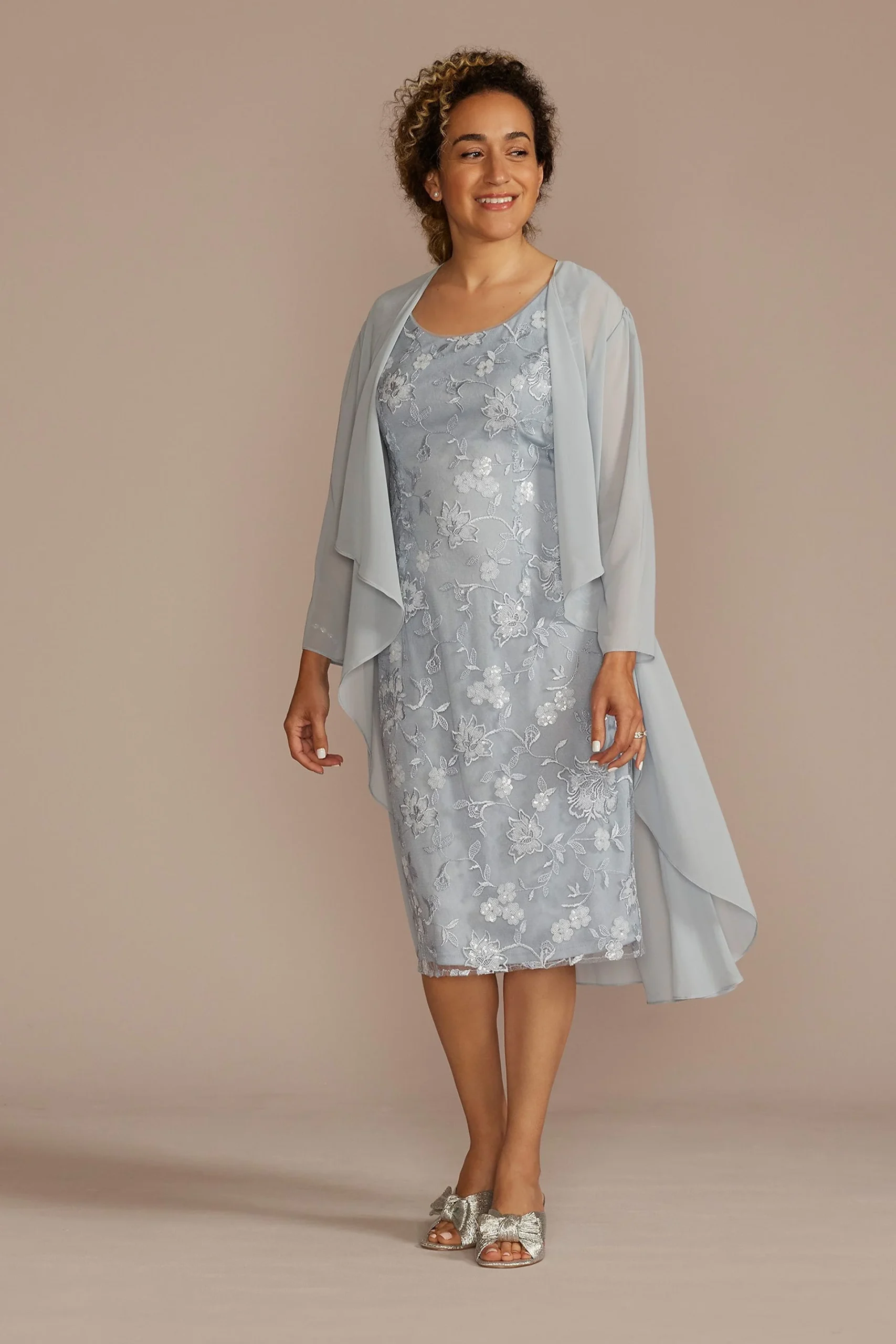 Embroidered Sheath Dress with Chiffon Jacket