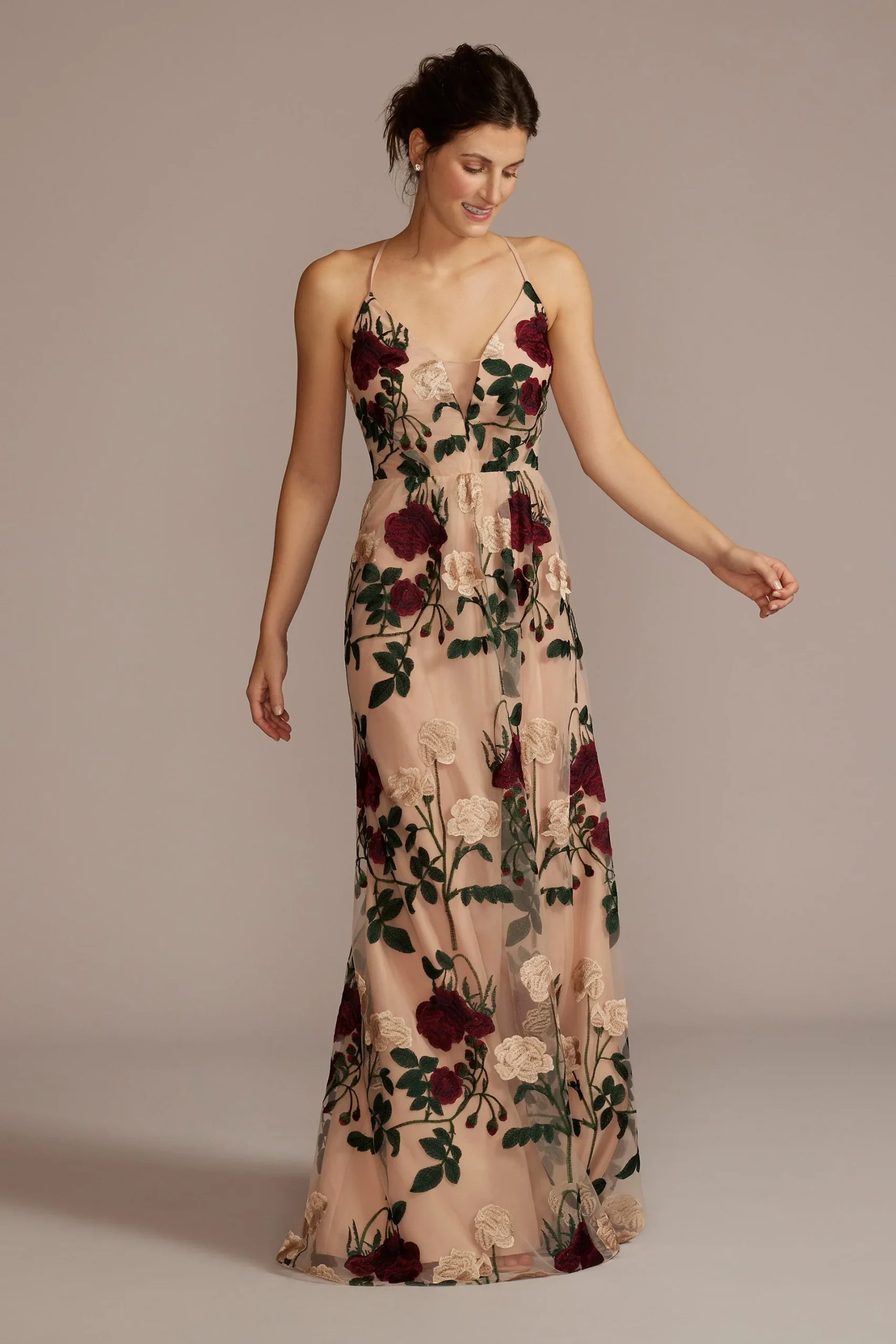 Embroidered Spaghetti Strap Bridesmaid Dress