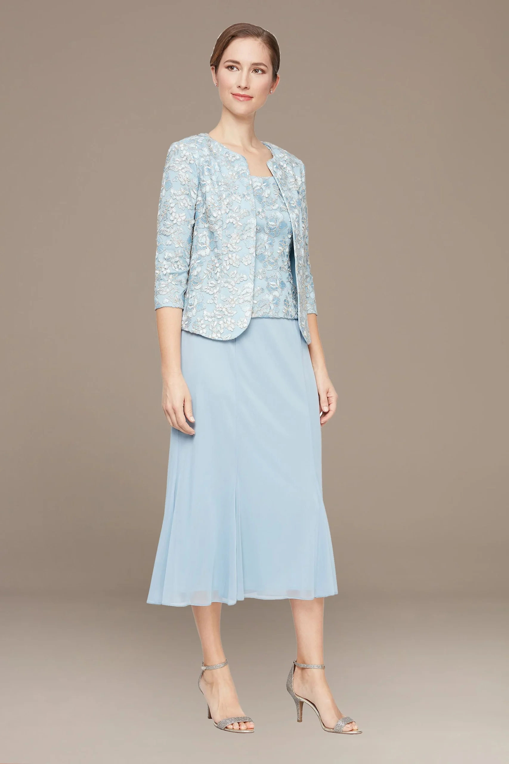 Embroidered Tea Length A-Line with Matching Jacket