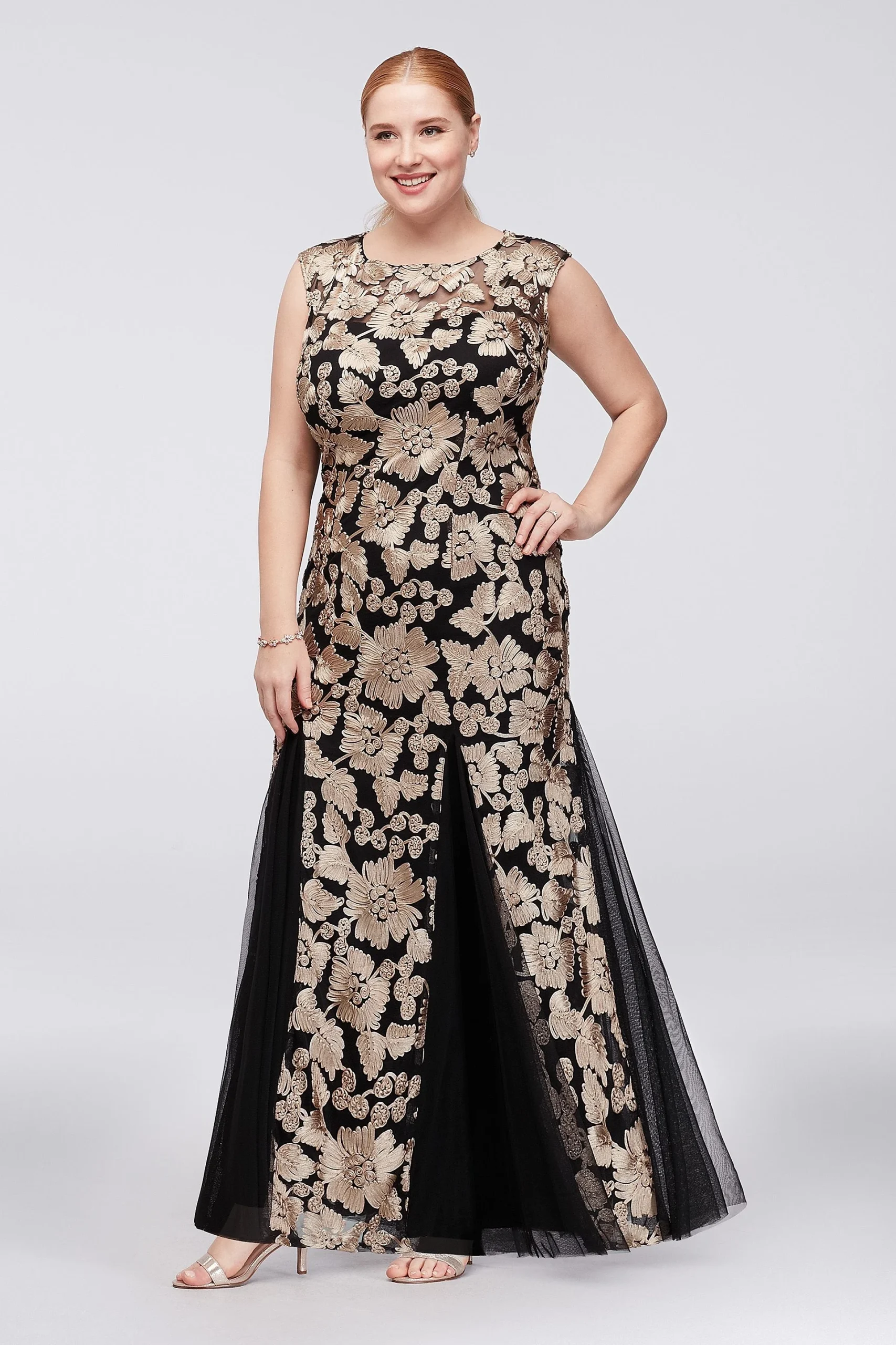 Embroidered Tulle Plus Size Dress with Godets