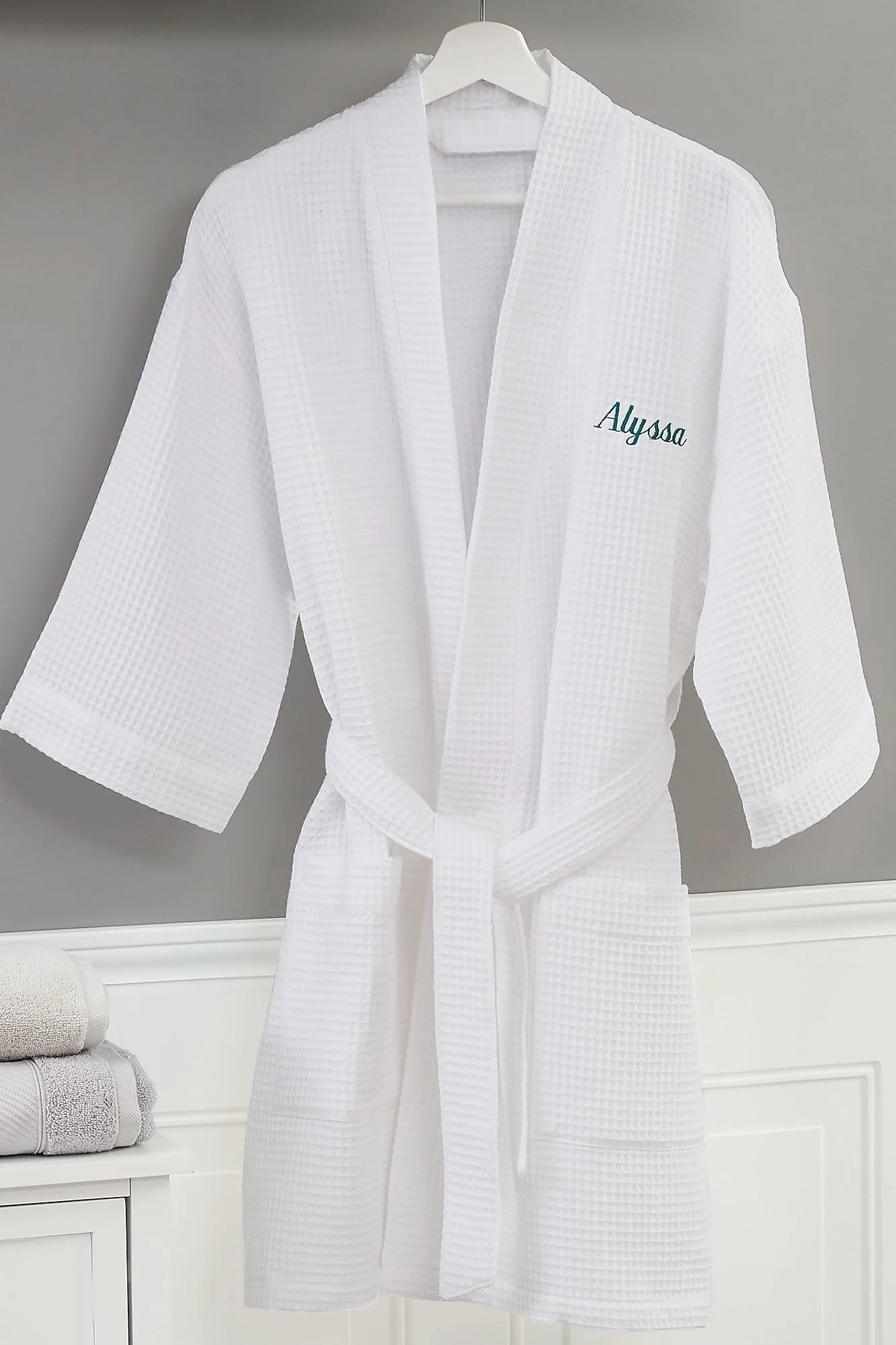 Embroidered White Waffle Weave Kimono Robe