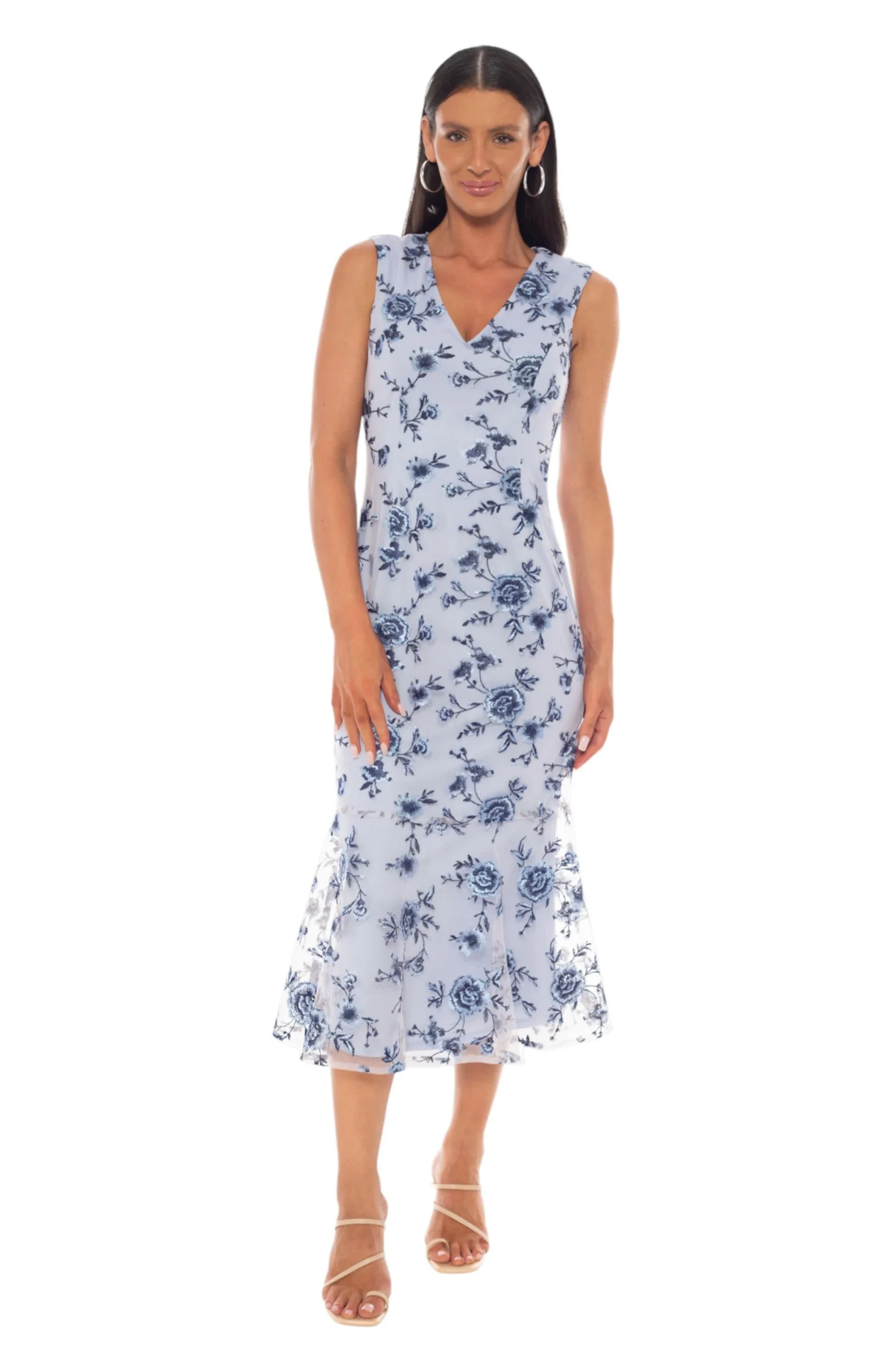 Embroidery on Mesh V-Neck Ruffle Skirt Midi Dress