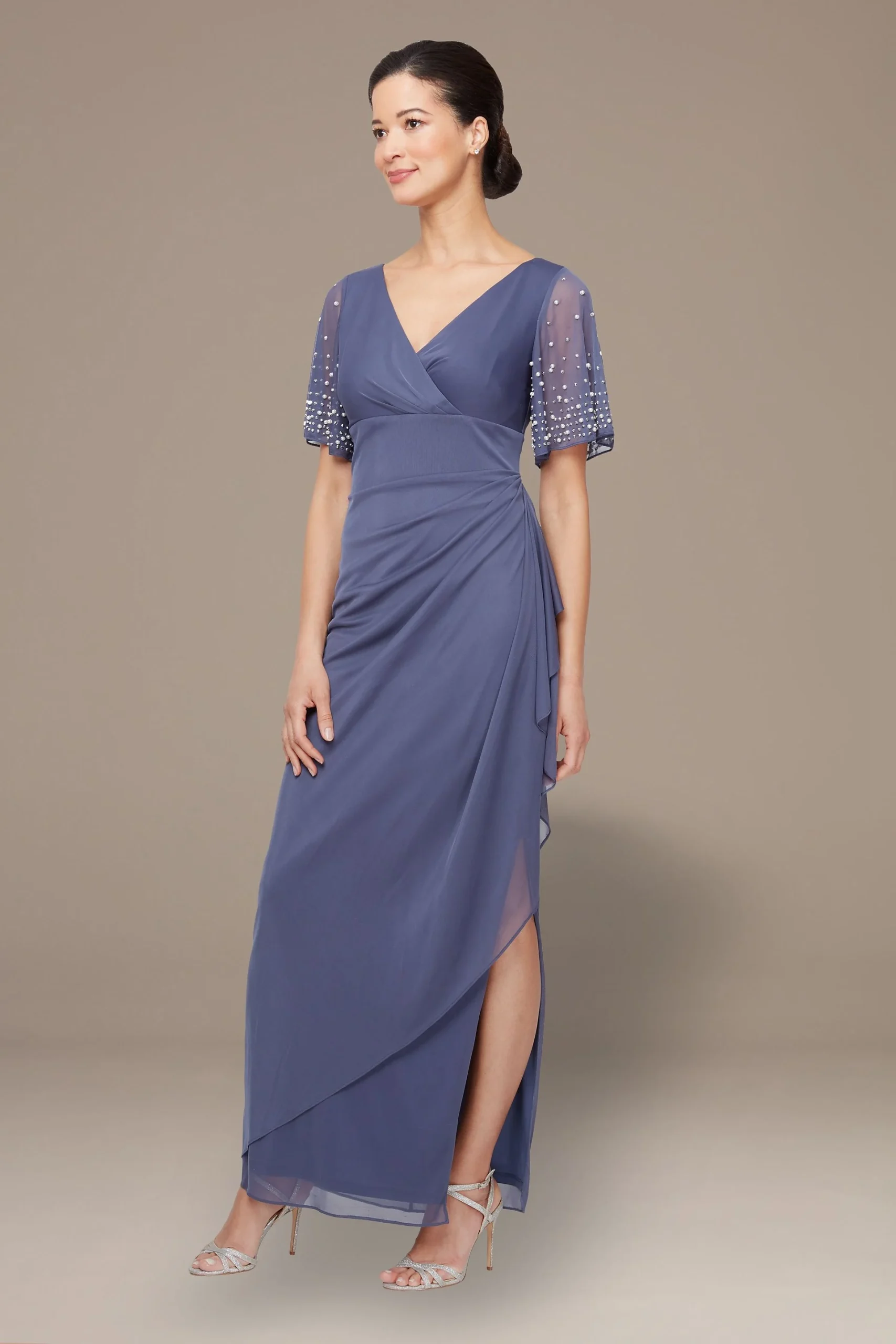 Empire Waist Dress with Embellished Flutter Sleeve