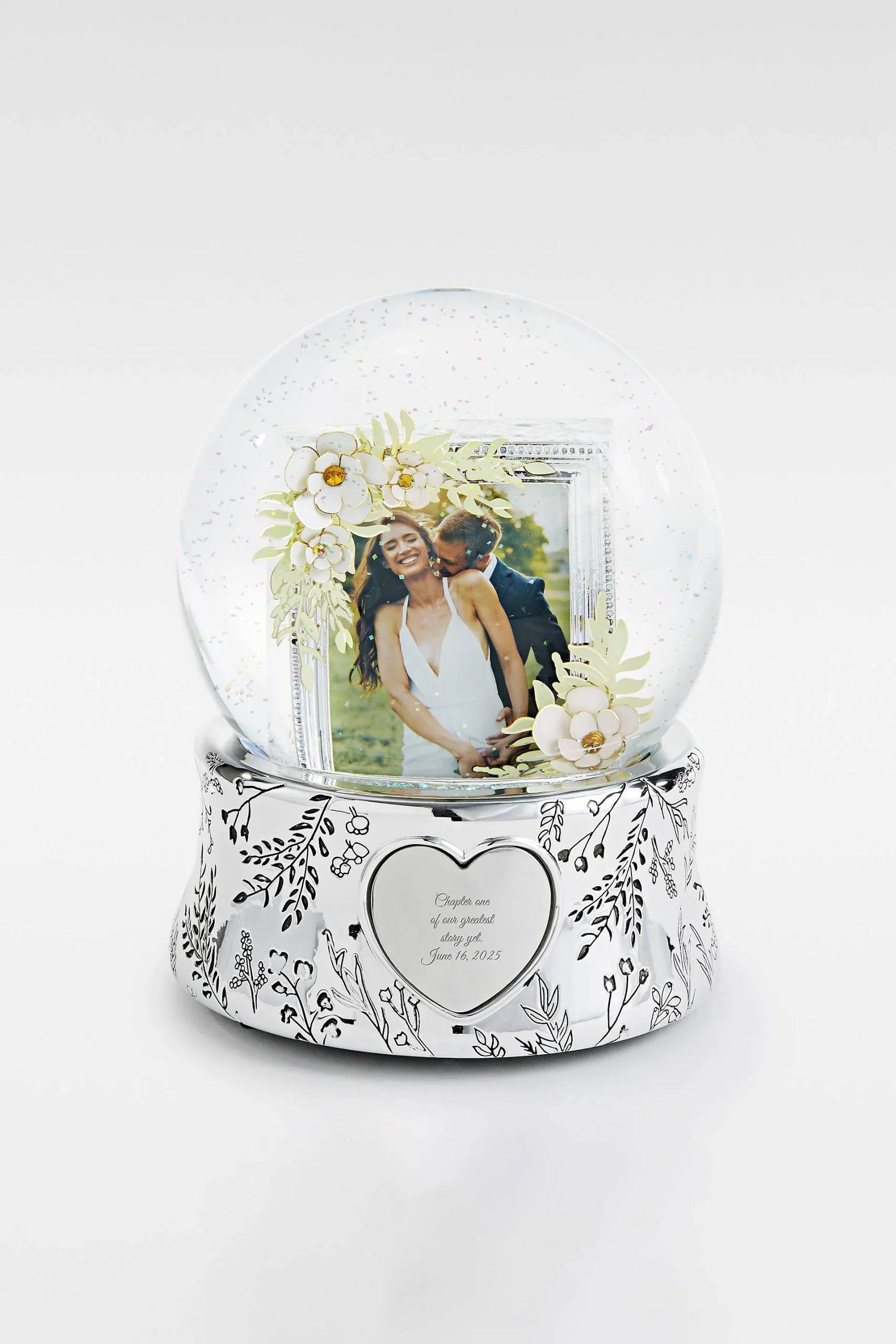 Engraved Floral Wedding Photo Snow Globe