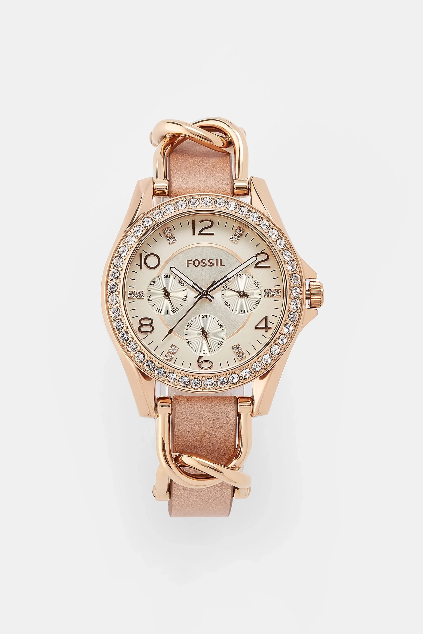 Engraved Fossil Riley Rose Gold and Pink Watch