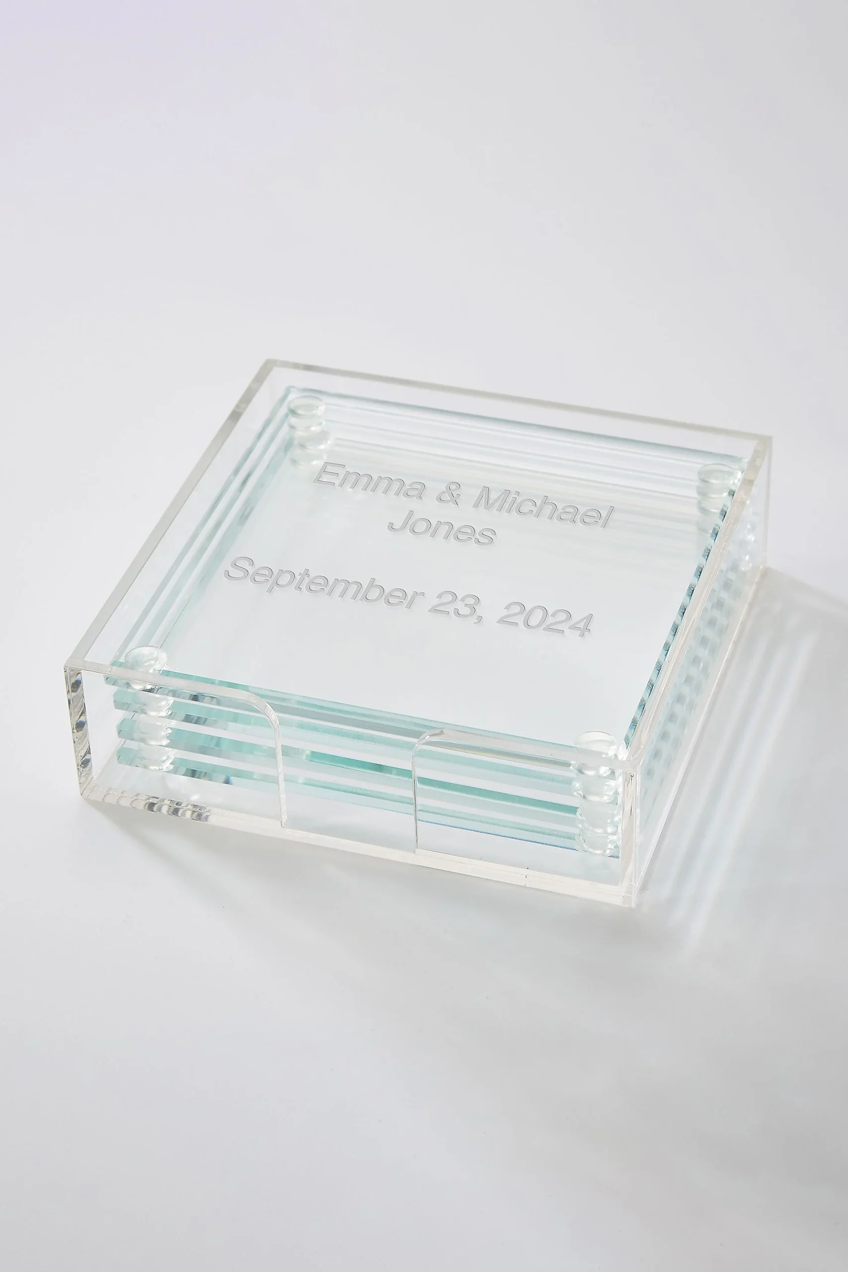 Engraved Glass Coaster Set of 4 and Holder