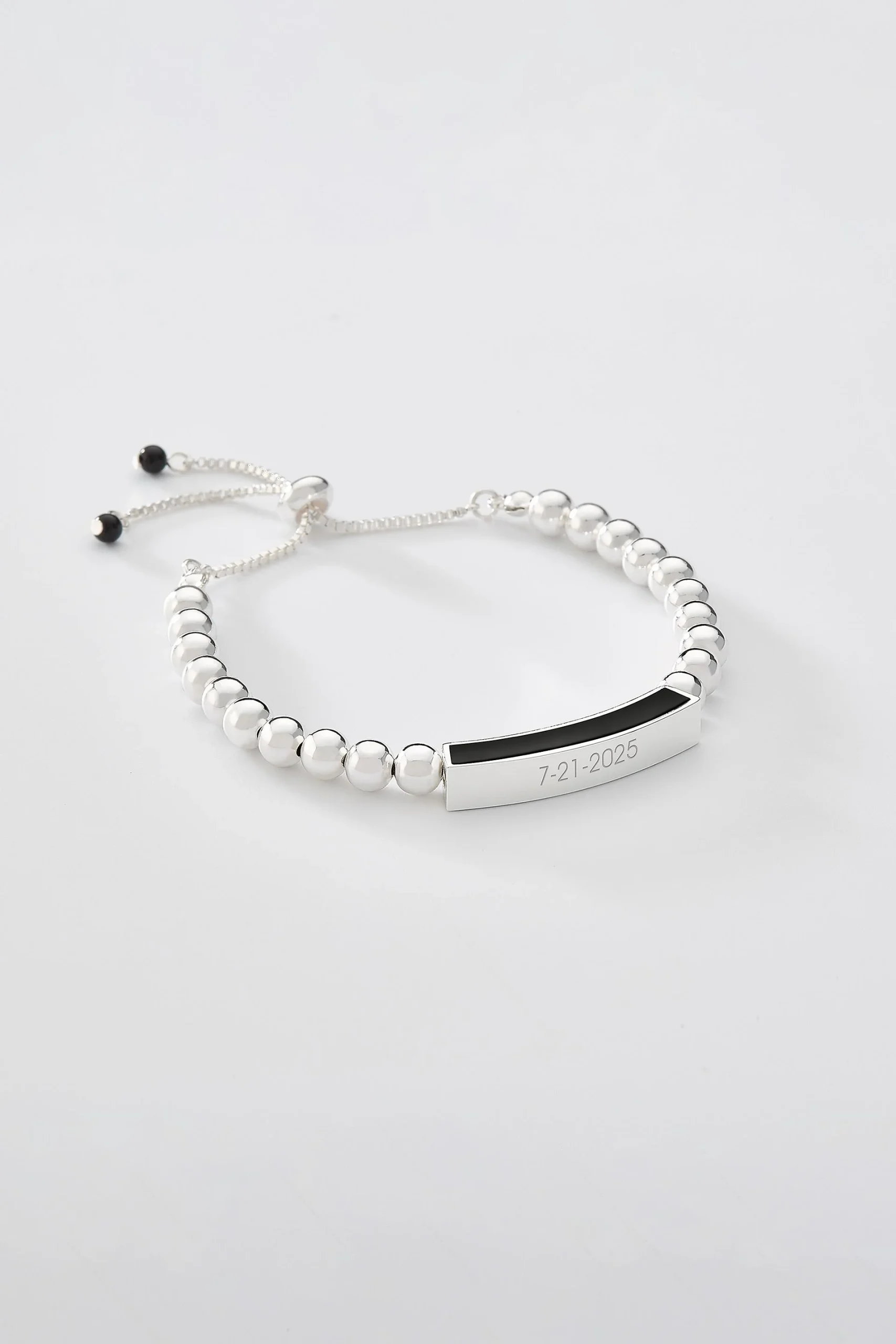 Engraved Silver and Black Beaded Bracelet