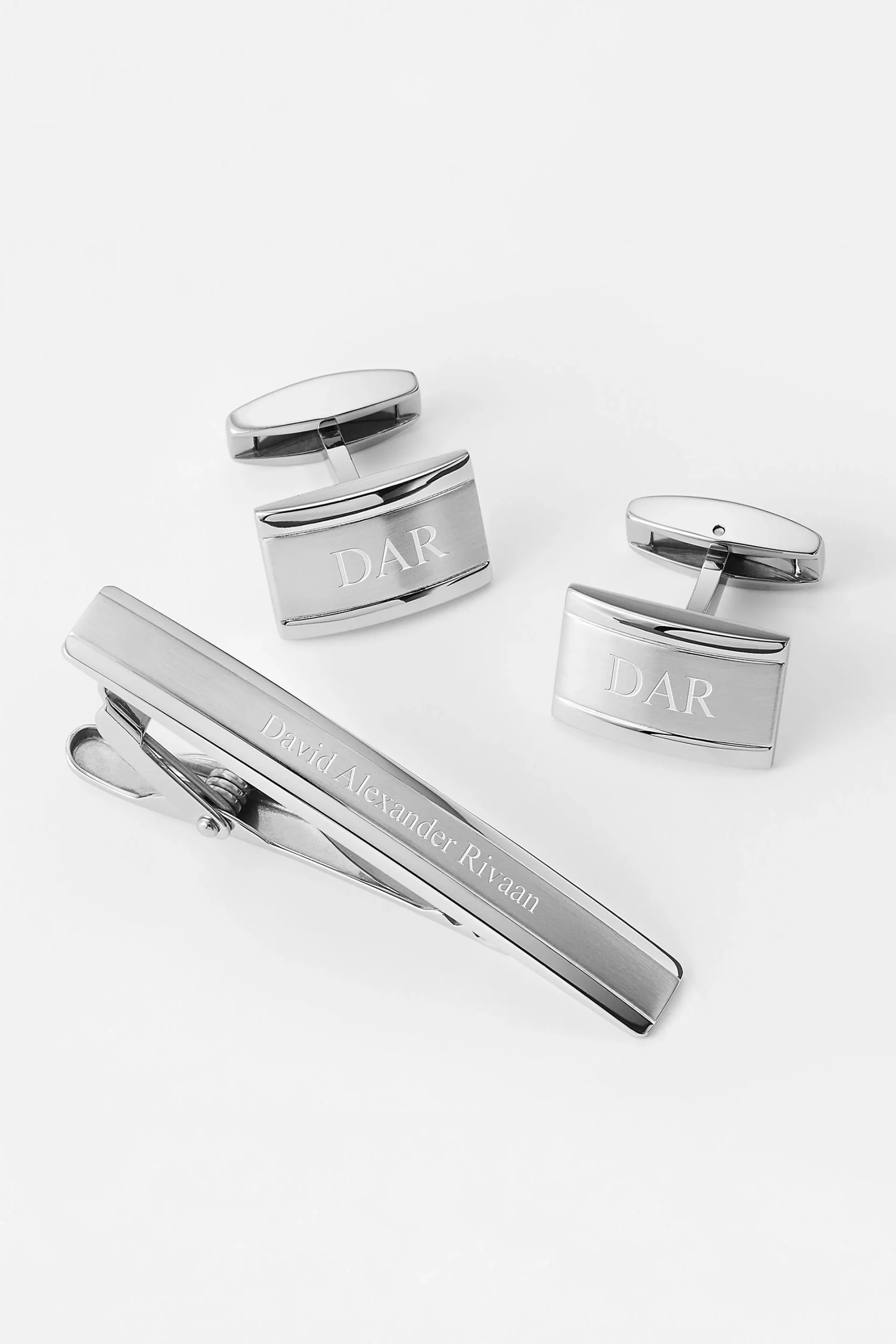 Engraved Steel Cufflinks and Tie Bar Set