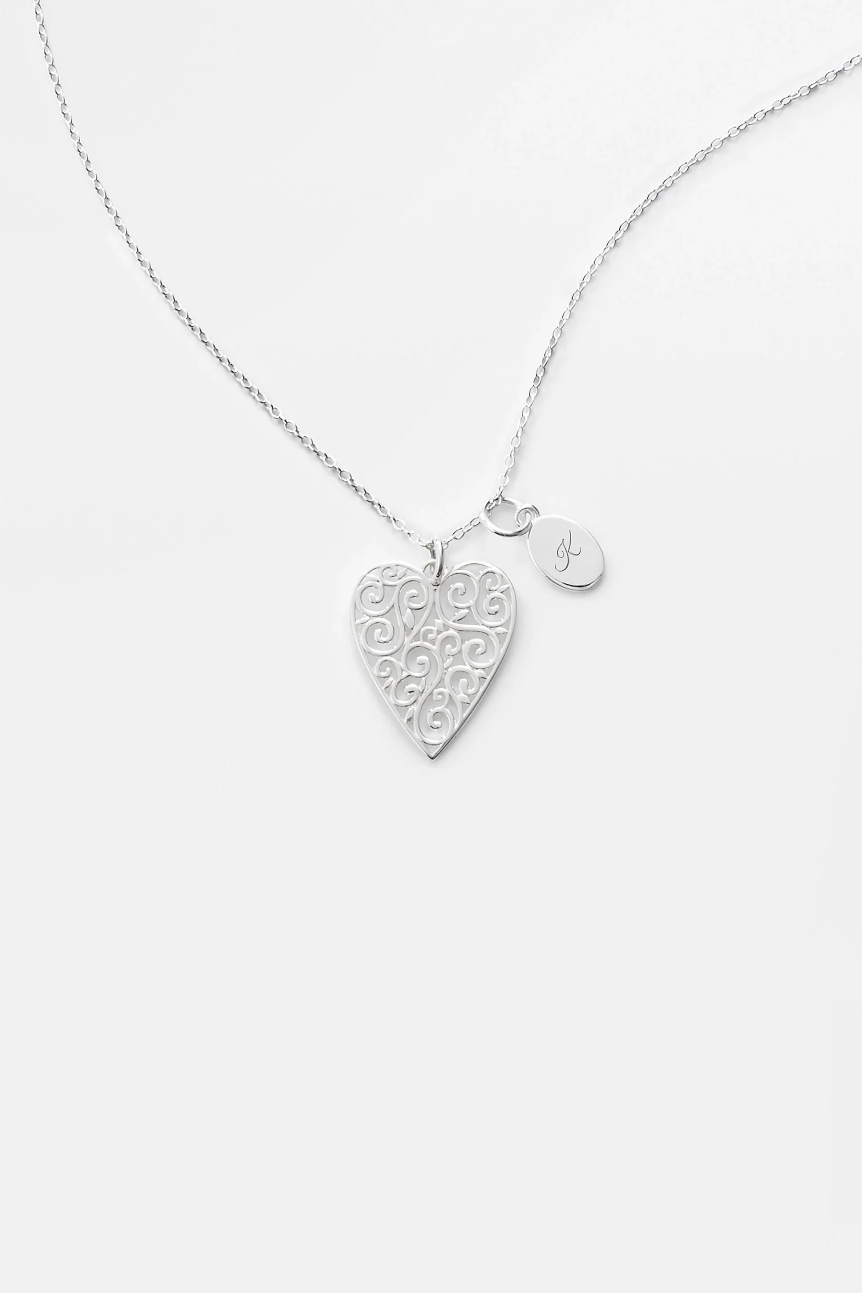 Engraved Sterling Silver Filigree Heart Necklace
