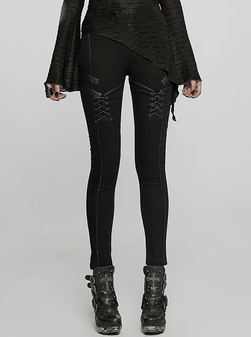Everyday Tight-Fitting Straps And Faux Leather Statement Patch Hip-Lifting Black Punk Jeans