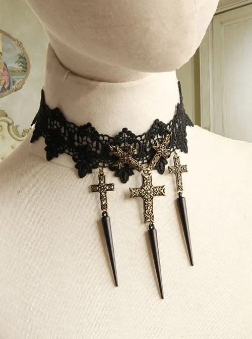 Exaggerated Gothic Black Lace Spiked Nails Cross Religious Female Retro Choker