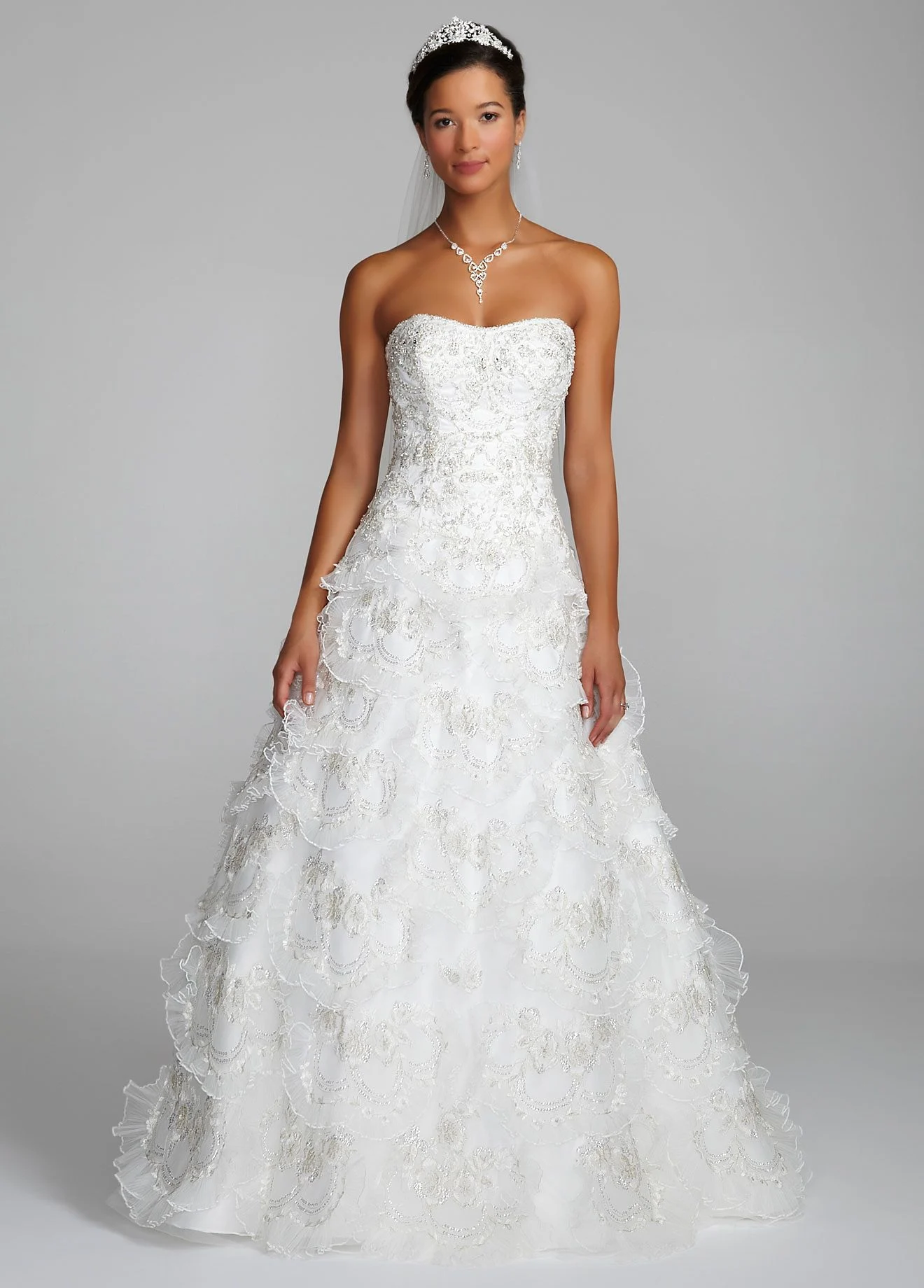 Extra Length Beaded Gown with Tiered Scallop Skirt