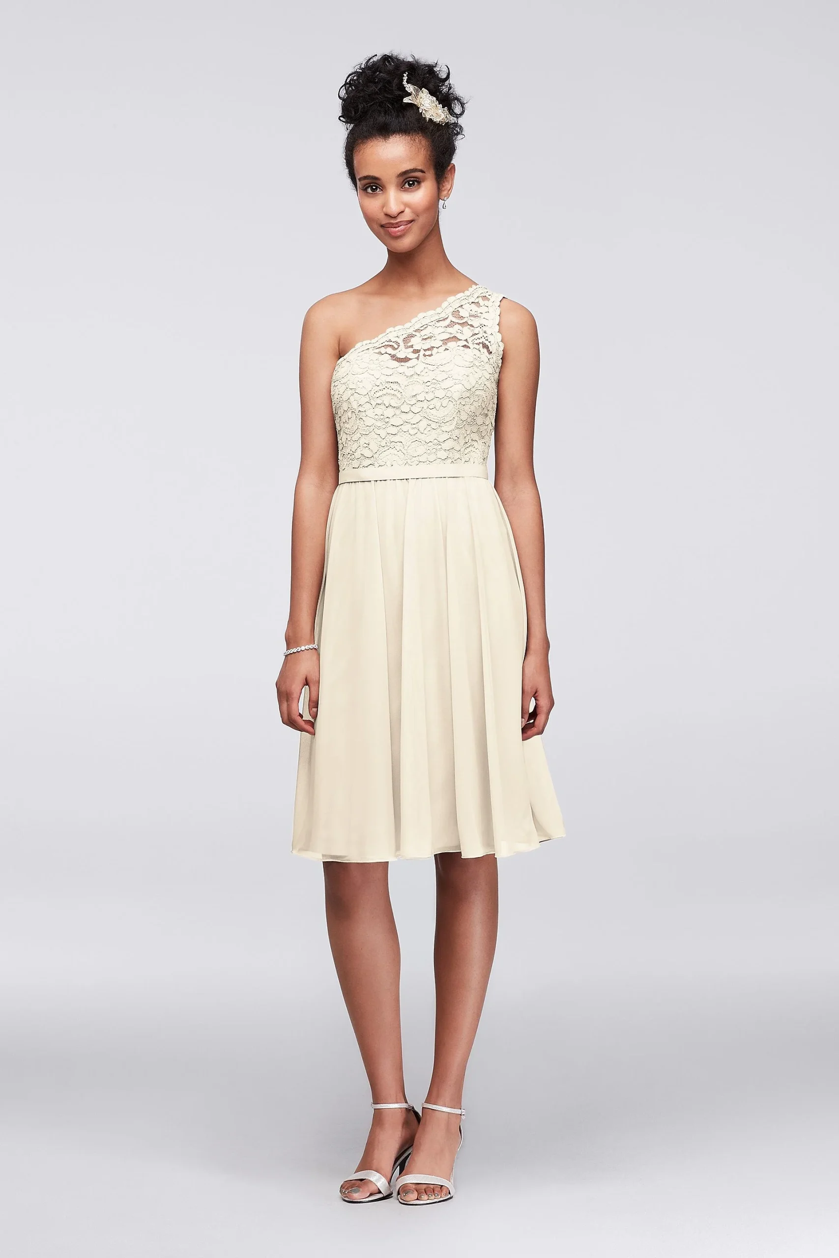 Extra Length Short One Shoulder Corded Lace Dress