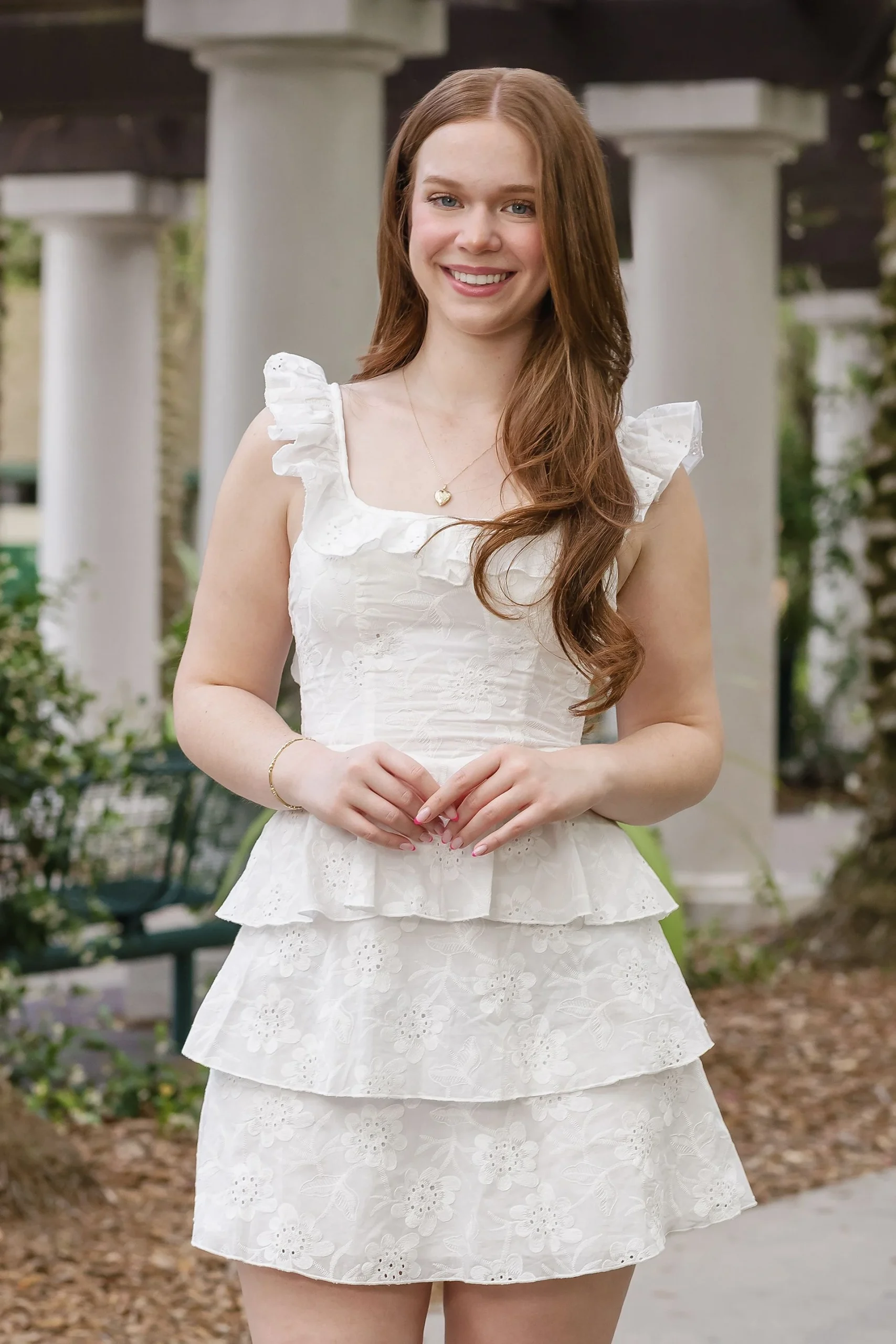 Eyelet A-line Mini Dress with Tiered Ruffled Skirt
