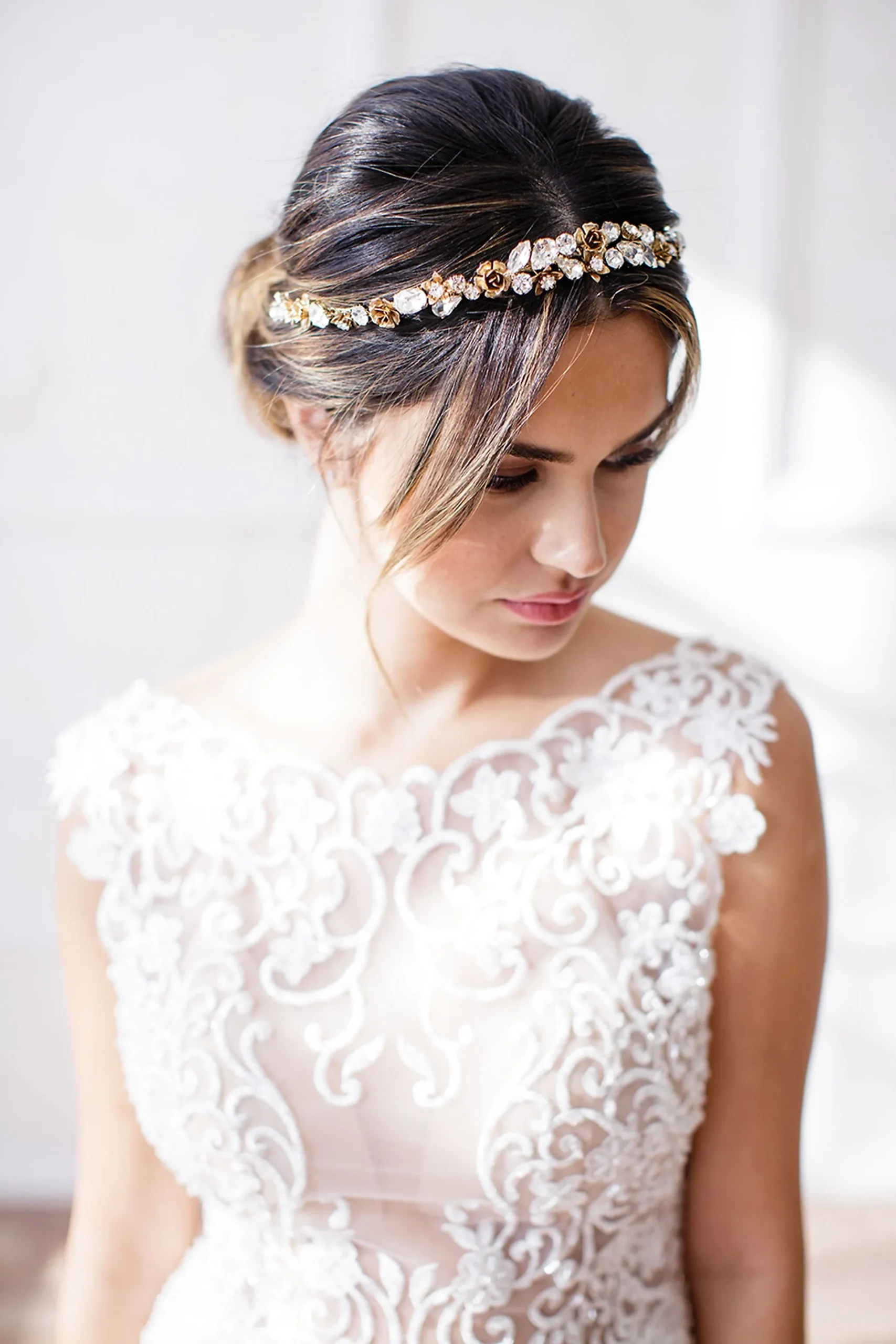 Faceted Crystal and 14k Gold Flower Halo Headband