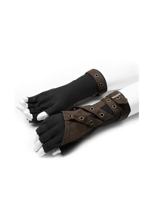 Fake Two Pieces Brown Buckle Straps Black Punk Knit Gloves