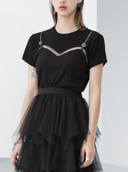 Fake Two Pieces Metal Square Buckle Straps Chest Hollow-Out Splice Mesh Black Punk Slim T-Shirt