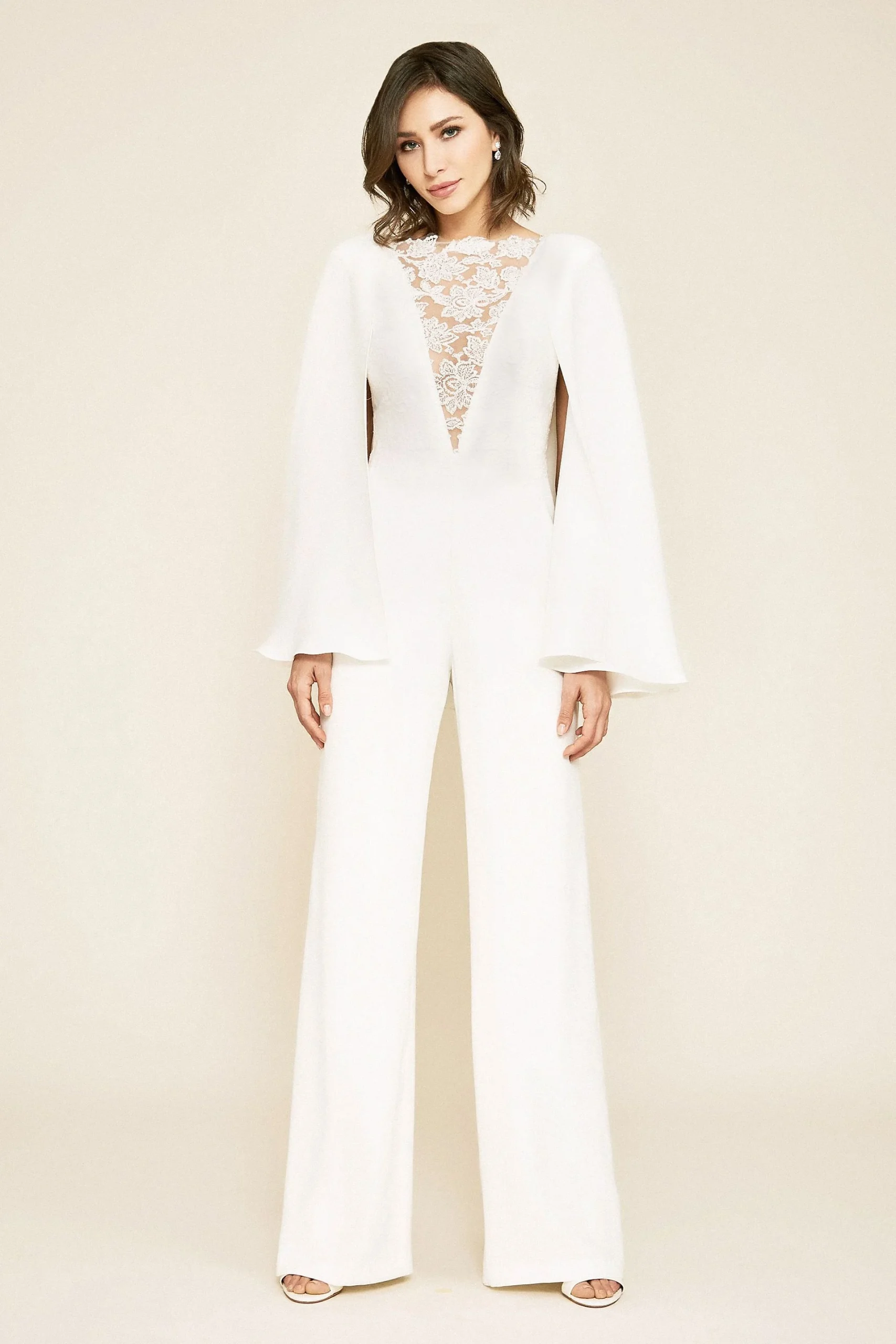 Farrell Crepe Lace Overlay Cape Sleeve Jumpsuit