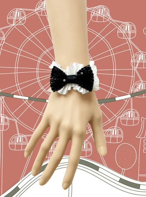 Fashion Elegant Bridesmaid Bride Black Sequins White Lace Retro Female Bracelet