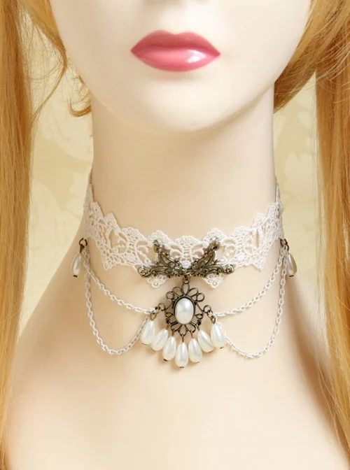 Fashion Elegant Personality Lady White Lace Pearl Tassel Retro Female Collar